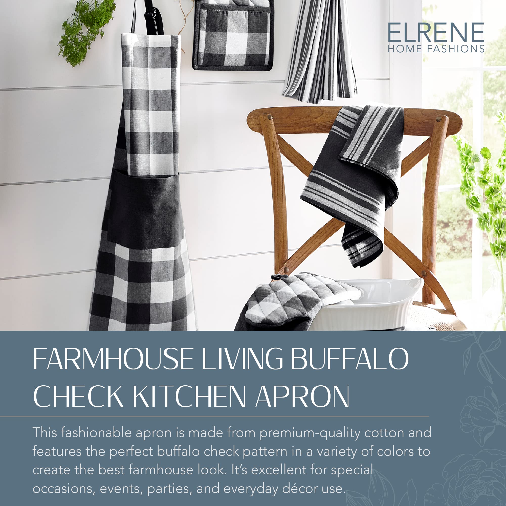 Elrene Home Fashions Farmhouse Living Buffalo-Check Kitchen Apron With Pocket, 28'' X 33'', Black/White