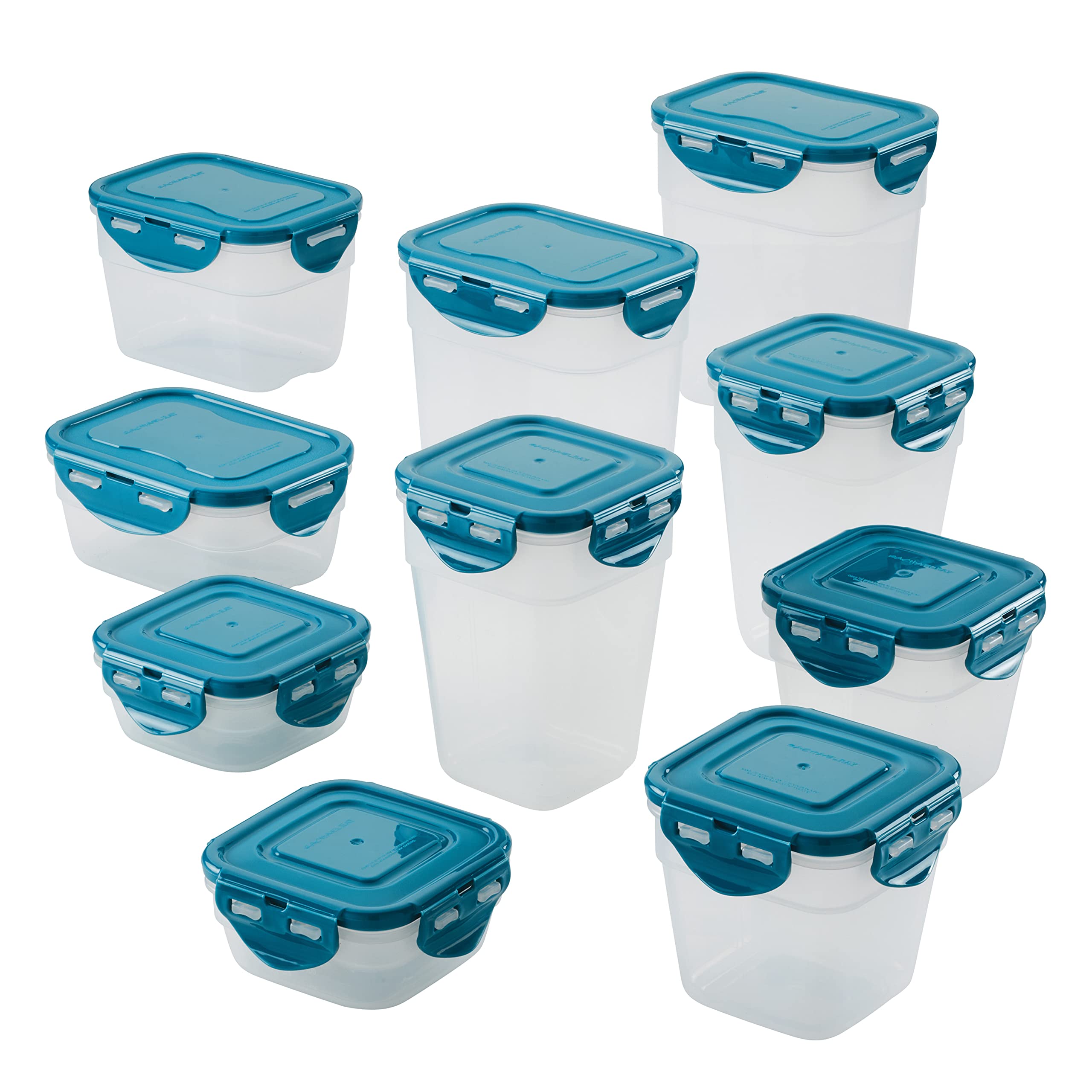 Rachael Ray Leak-Proof Stacking Container Food Storage Bin Set, 20-Piece, Clear With Teal Lids