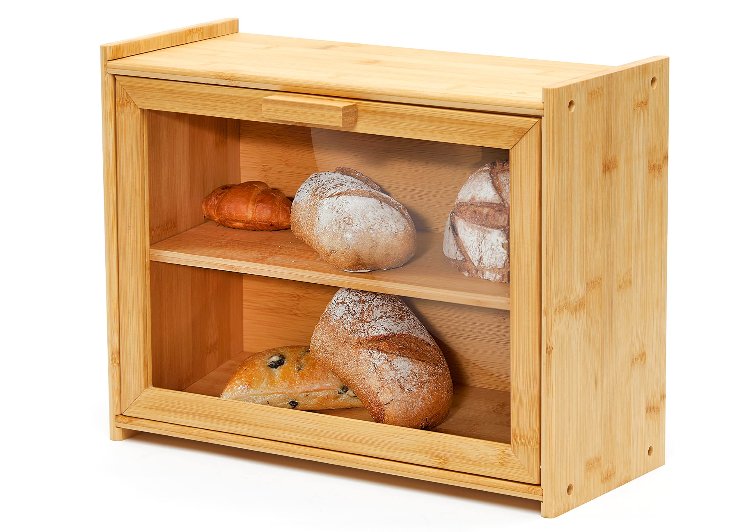 Royalhouse Premium Bamboo Double Layer Bread Box With Clear Window, Bread Storage And Organizer For Kitchen Countertop, Bread Co