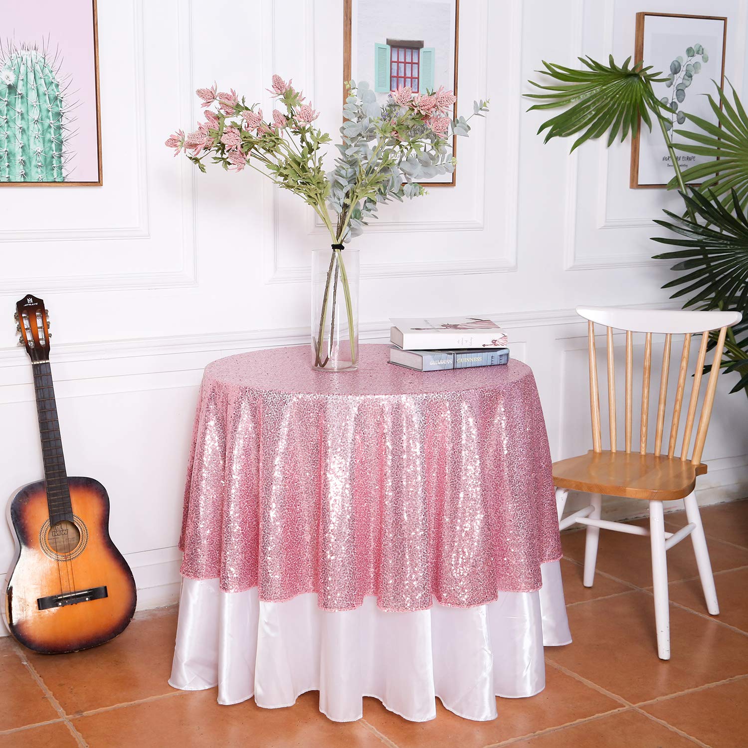 Eternal Beauty Fuchsia Pink 48'' Round Sequin Tablecloth- Sparkly Sequin Overlay For Wedding Party/Dessert Table/Christmas Decor