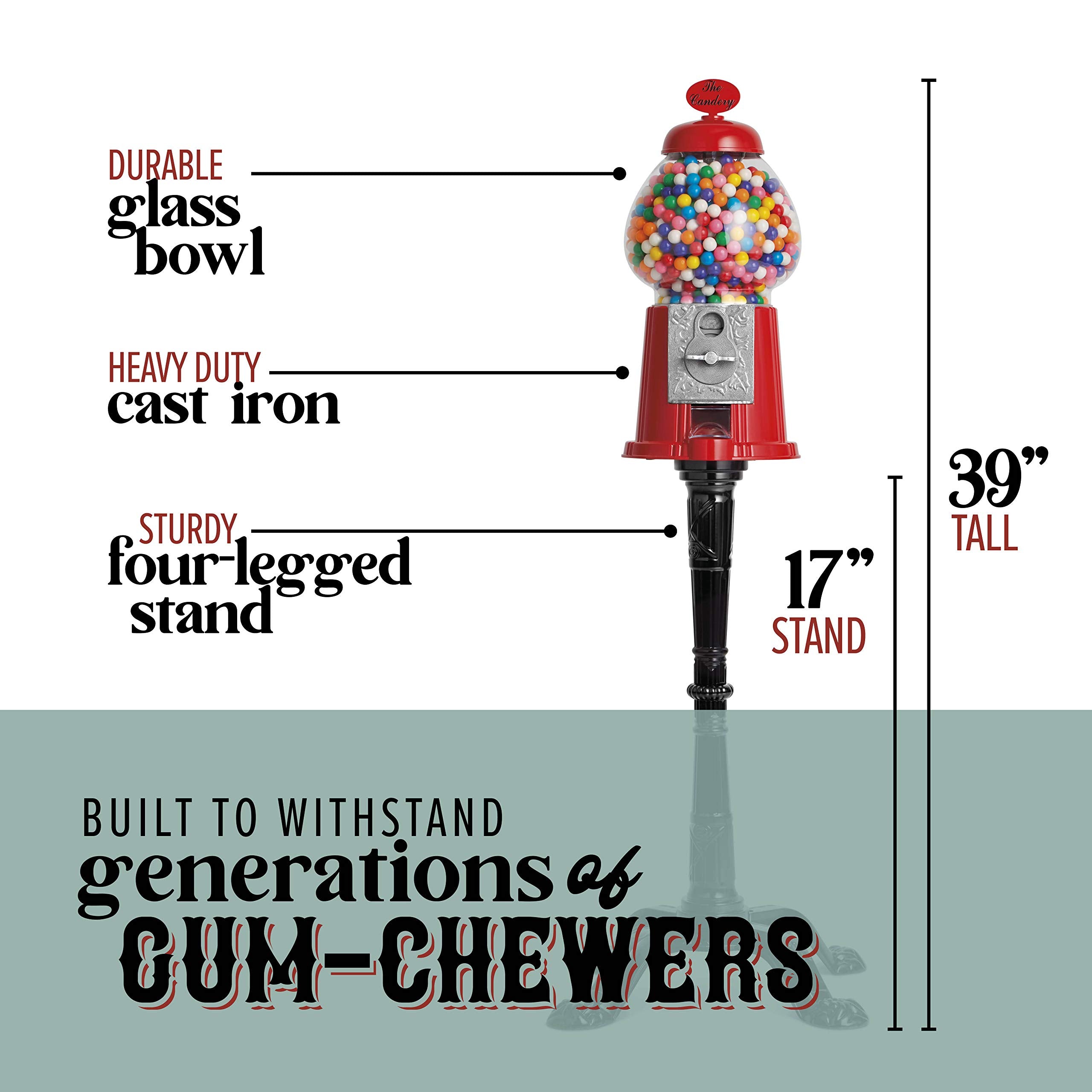Gumball Bubble Machine - 15 Inch Candy Dispenser With Stand For 0.62 Inch - Heavy Duty Red Metal With Large Glass Bowl - Easy Tw