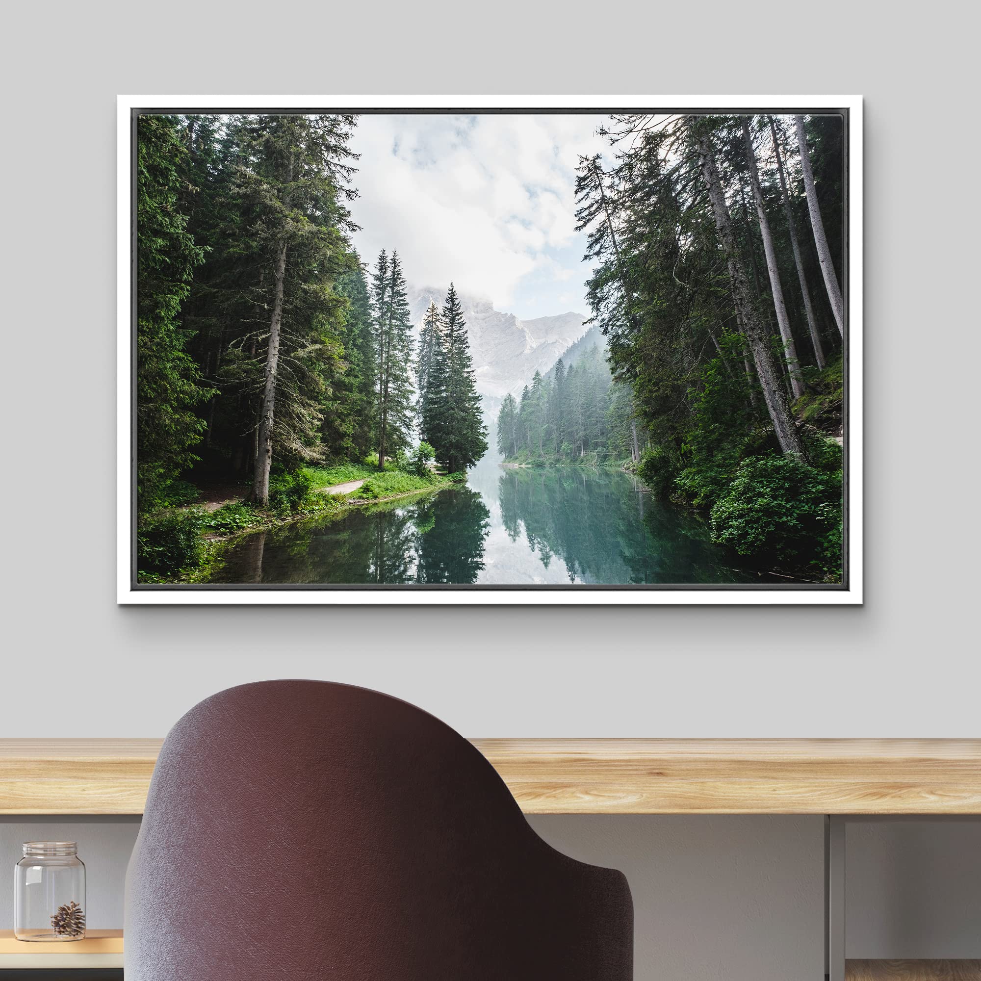 wall26 Framed Canvas Print Wall Art Fall Green Forest with Lake Reflection Nature Wilderness Photography Modern Art Rustic Scenic Colorful Multicolor for Living Room  Bedroom  Office - 24''x36'' White