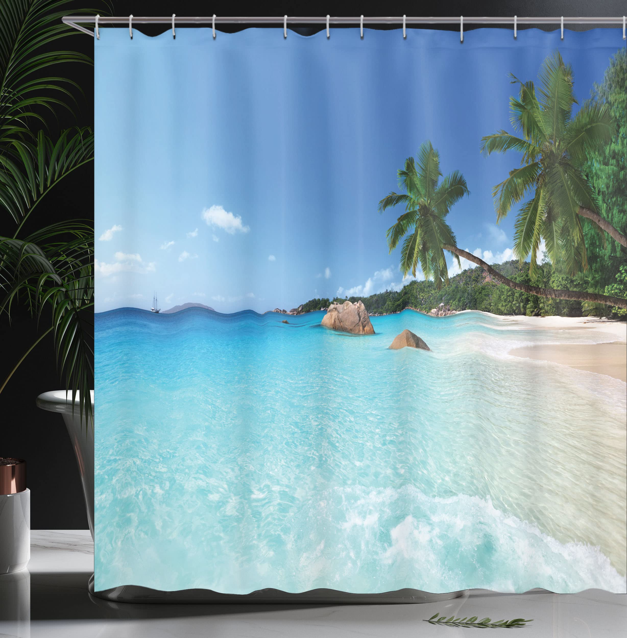 Ambesonne Ocean Shower Curtain, Anse Lazio Beach At Praslin Island Surfing Beach Scenic View Travel, Cloth Fabric Bathroom Decor