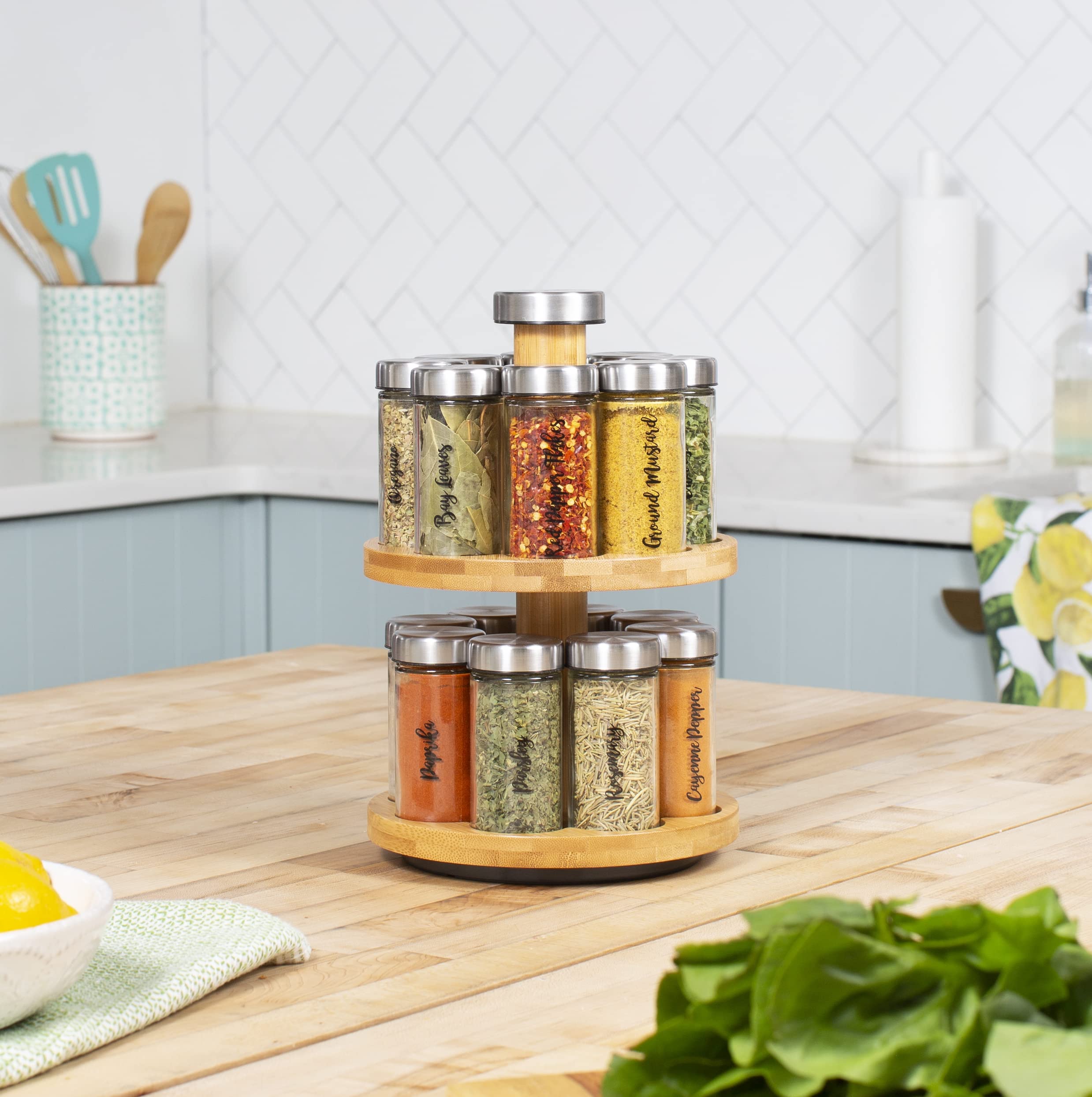 Orii 16 Jar Spice Rack with Spices Included - Rotating Countertop 2 Tier Tower Organizer for Kitchen Spices and Seasonings, Free