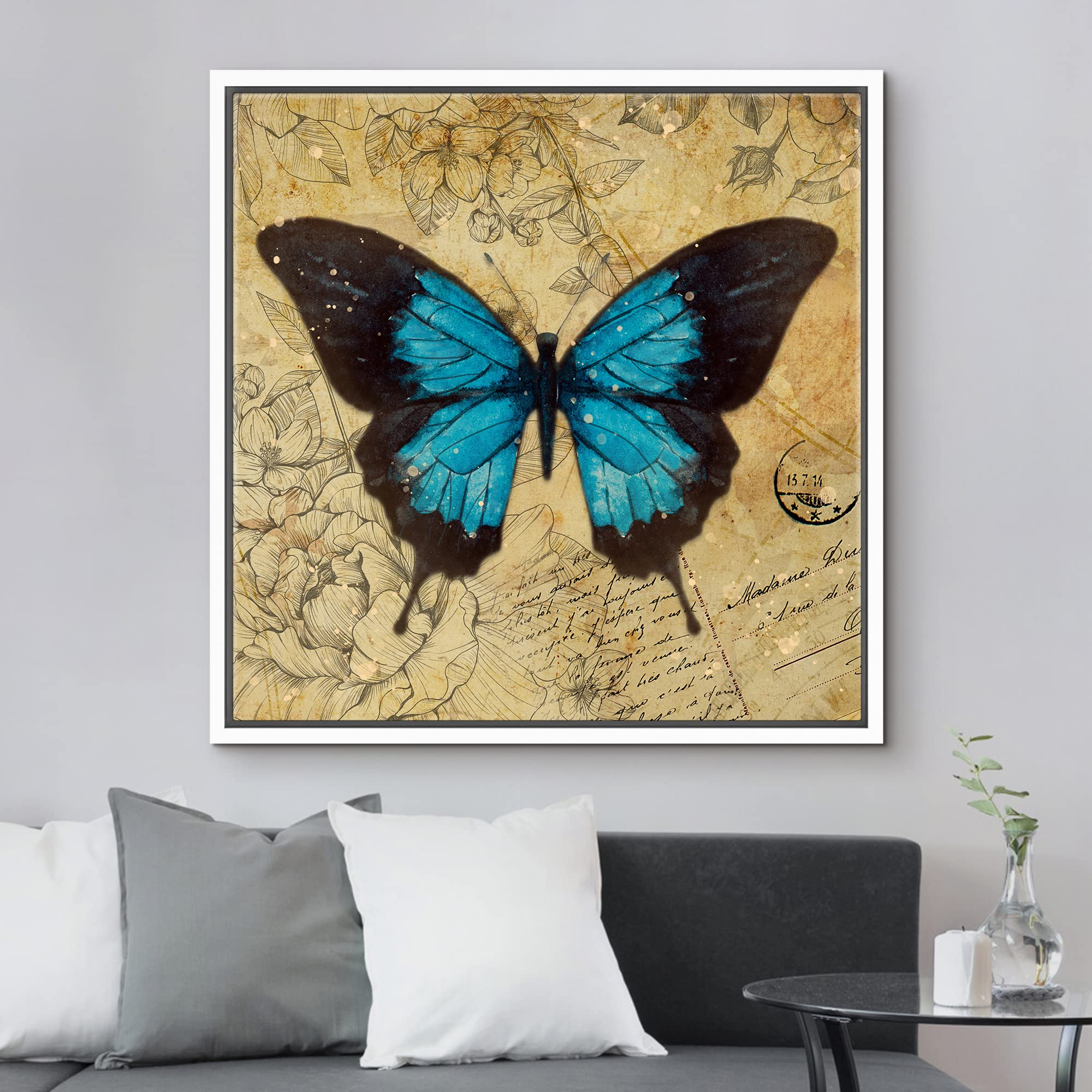 Wall26 Canvas Print Wall Art Teal & Black Butterfly Floral Pattern Nature Wilderness Rustic Modern Art Farmhouse Decorative Anim