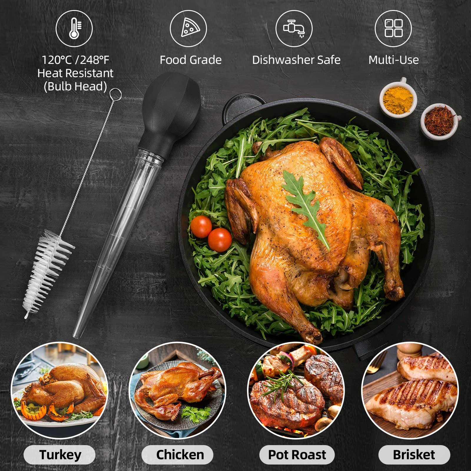 Schvubenr Large Turkey Baster With Cleaning Brush - Premium Baster Tool For Cooking - Easy To Use And Clean - Powerful Bulb Bast