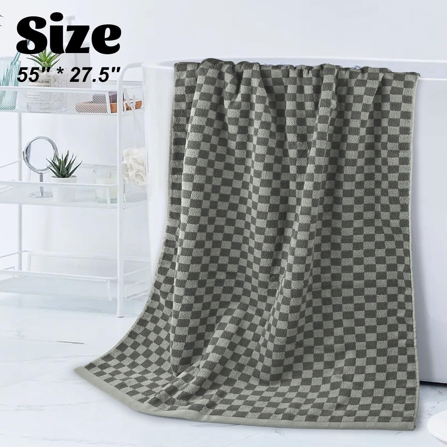 Pack Of 2 Cotton Bath Towels (Grey Checkered), Ultral Soft Shower Towels Bathroom Essentials Large Size 54    X 28   , Luxury Me
