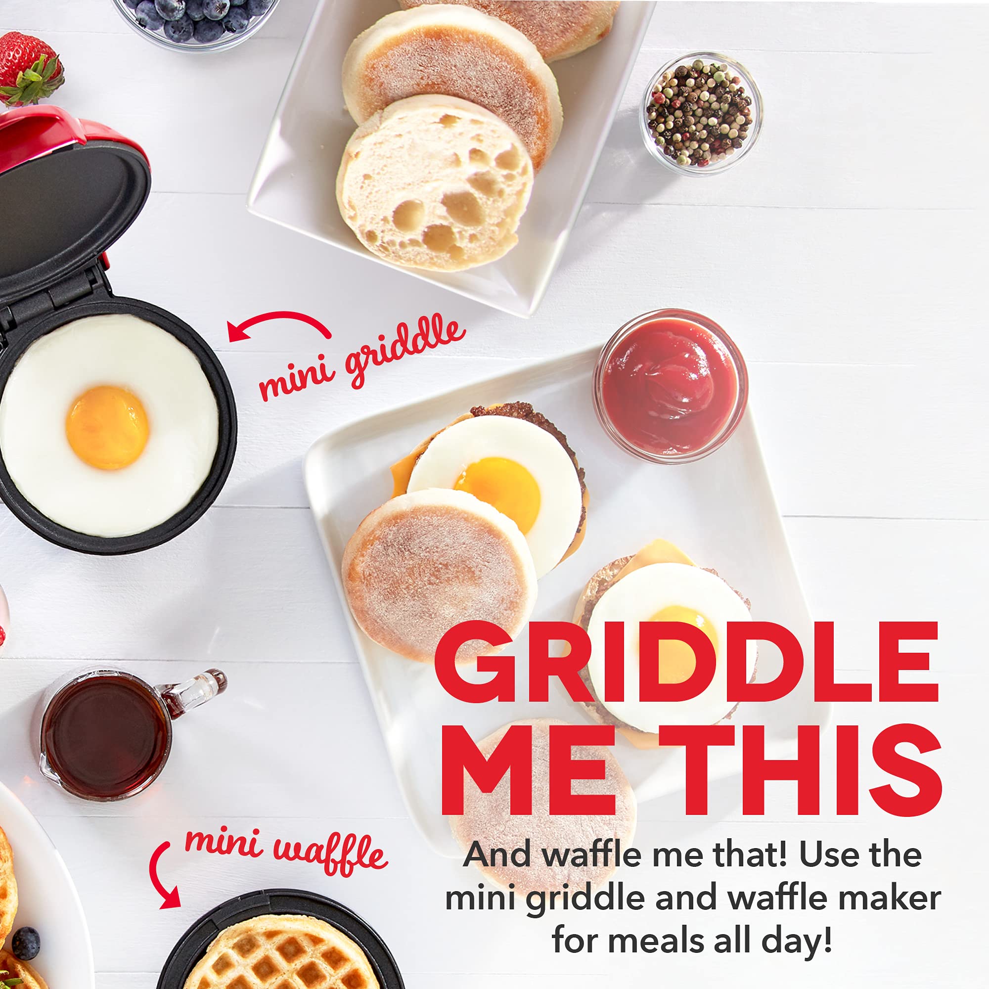Dash Mini Maker Waffle Maker + Griddle, 2-Pack Griddle + Waffle Iron - Red