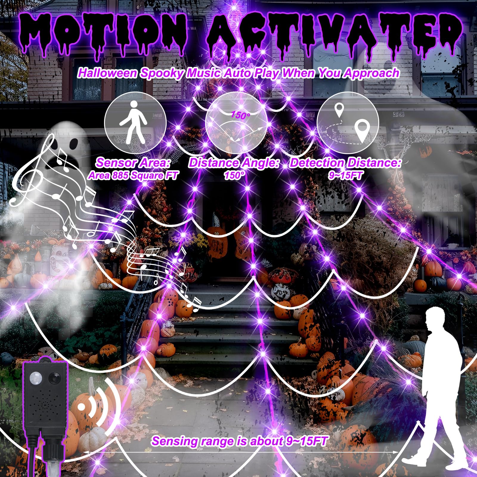 Retisee Halloween Decorations 17ft Spider Web Lights Motion Activated Sensor 120 LED Purple Light up Spider Web with 200sqft Cob