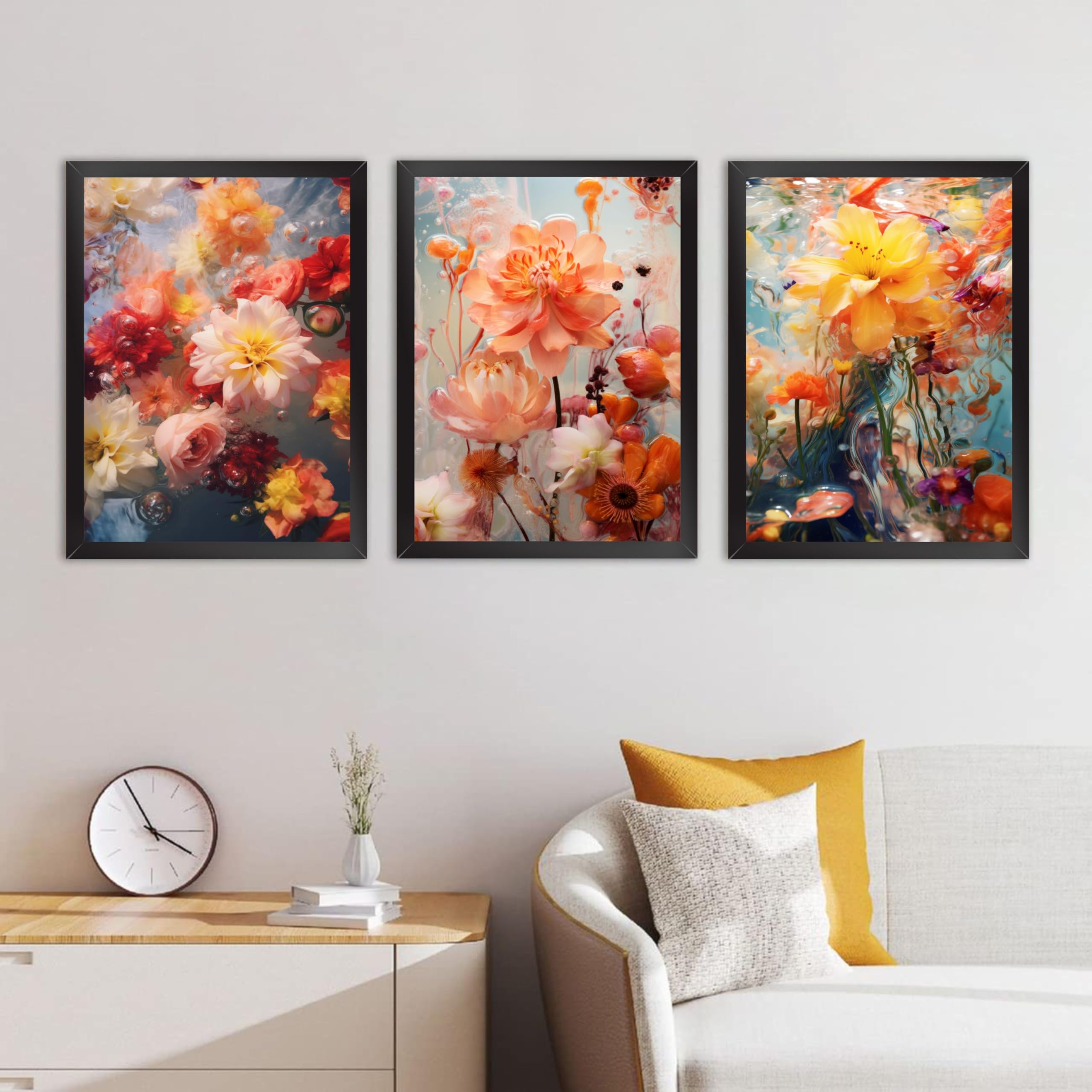 Decor Villa 3D YELLOW FLOWERS Digital Framed Painting for Wall Decoration - Wall Art Prints for Living Room Bedroom Office Room 