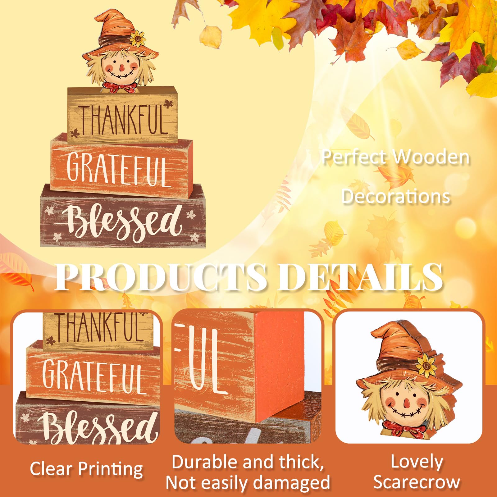4 Pcs Thanksgiving Fall Decor for Home Scarecrow Sunflower Wooden Sign with Sayings Fall Scarecrow Tiered Tray Decor Blessed Tab