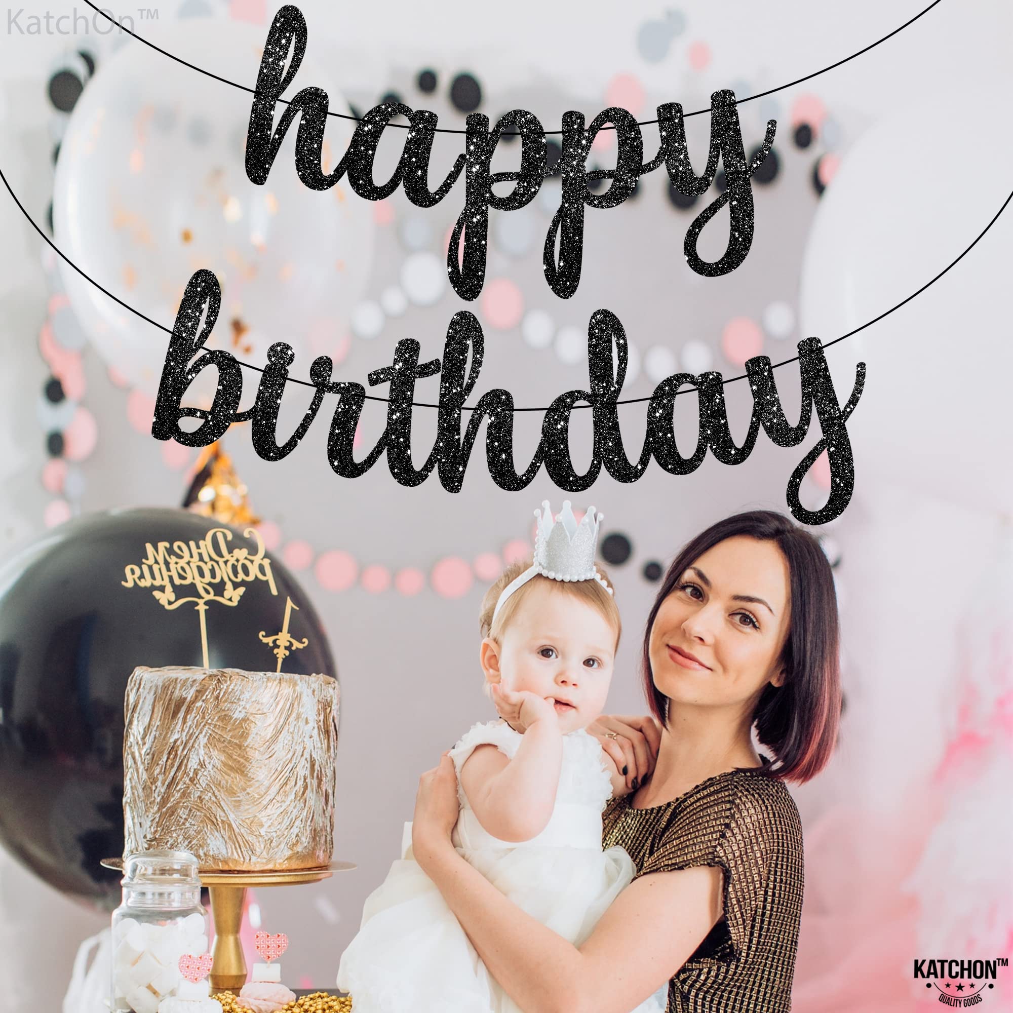 Katchon Glitter Black Happy Birthday Banner - 10 Feet, No Diy | Black Birthday Banner | Black Birthday Decorations | Happy Birth