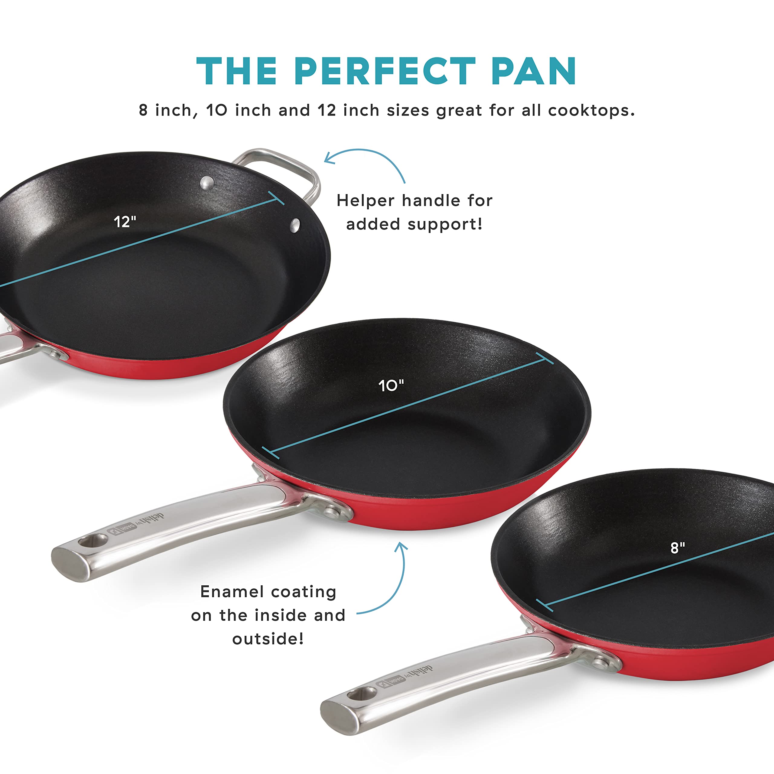Dash Delish 10'' Lightweight Cast Iron Pan For Pancakes, Sauces, Vegetables, Pasta, And More - Red