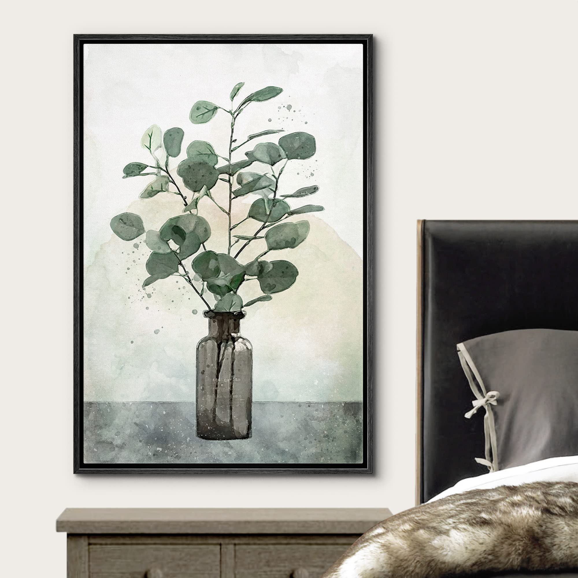 Wall26 Framed Canvas Print Wall Art Pastel Green Forest Plant Leaves Vase Nature Wilderness Illustrations Modern Art Decorative