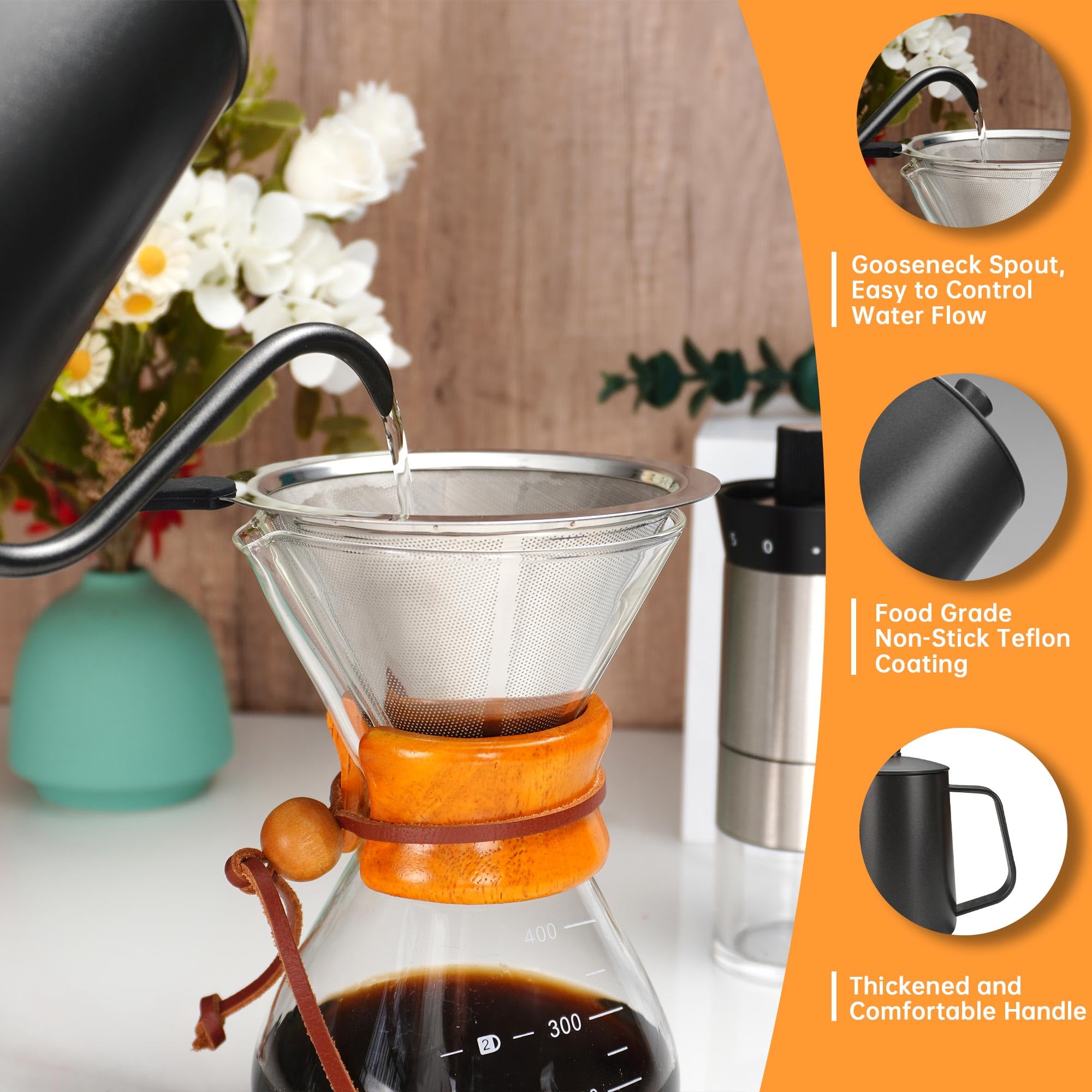 Pour Over Coffee Kit Chemex Coffee Maker Set, All In One Hand Drip Coffee Set, Coffee Grinder Manual Set, Ideal For Anniversary