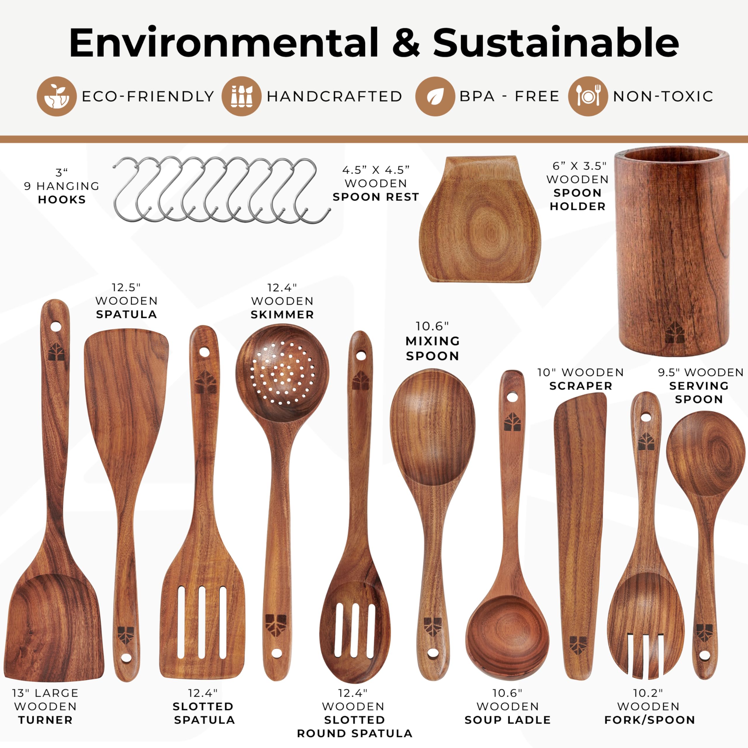 Wooden Spoons For Cooking - Wooden Cooking Utensils Set With Holder, Spoon Rest & Hooks, Teak Wood Nonstick Kitchen Cookware - D