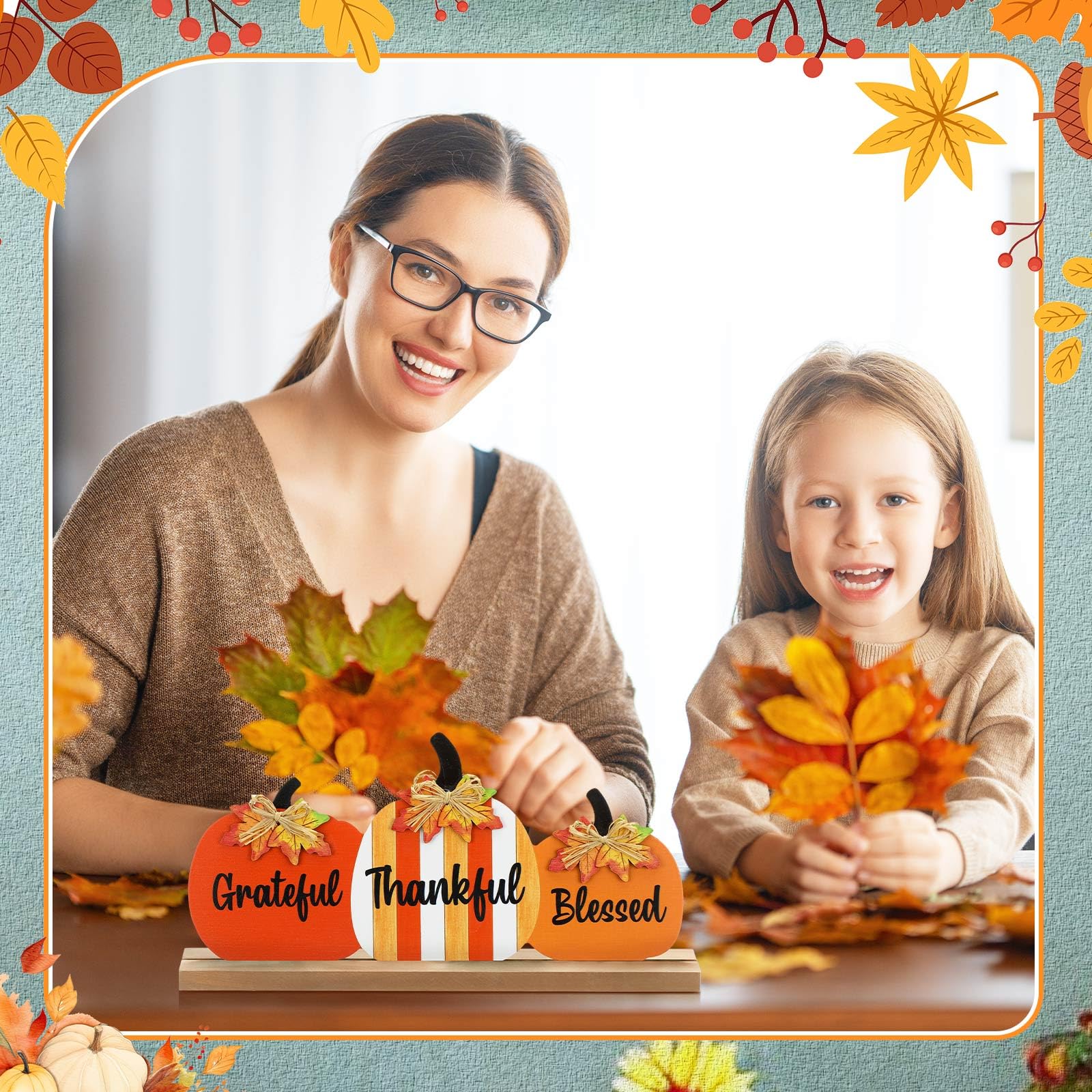 Purpeak Reversible Fall Thanksgiving Pumpkin Wooden Table Sign Double Sided Blessed Grateful Thankful Tabletop Decor Farmhouse V