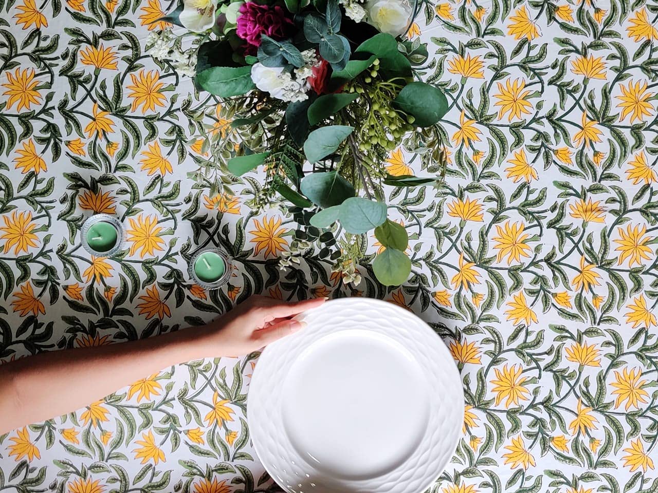 ATOSII Noor 100% Cotton Boho Rectangle Tablecloth, Handblock Floral Print Linen Table Cloth for Dining Table I Tabletop I Part