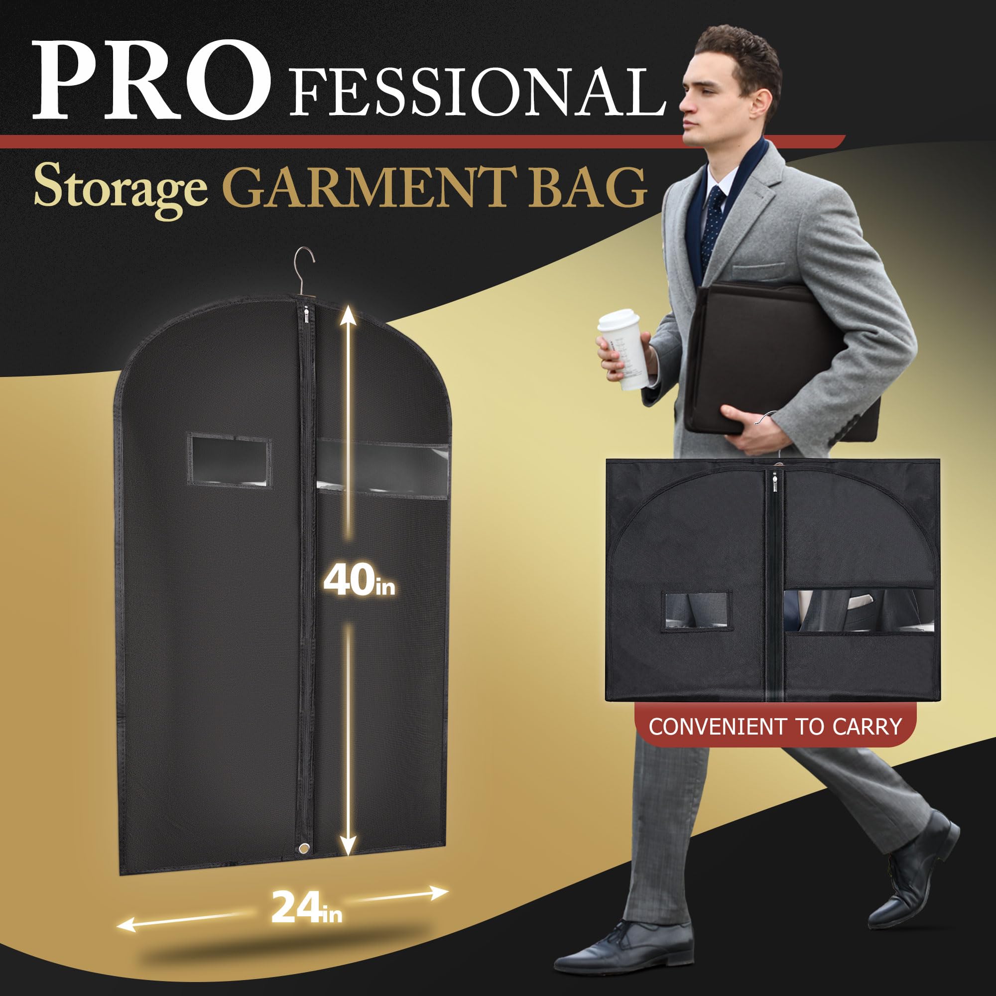 40-Inch Garment Bags For Travel, Garment Bags For Hanging Clothes With Zipper And Visible Transparent Window, 2 Pack,Black