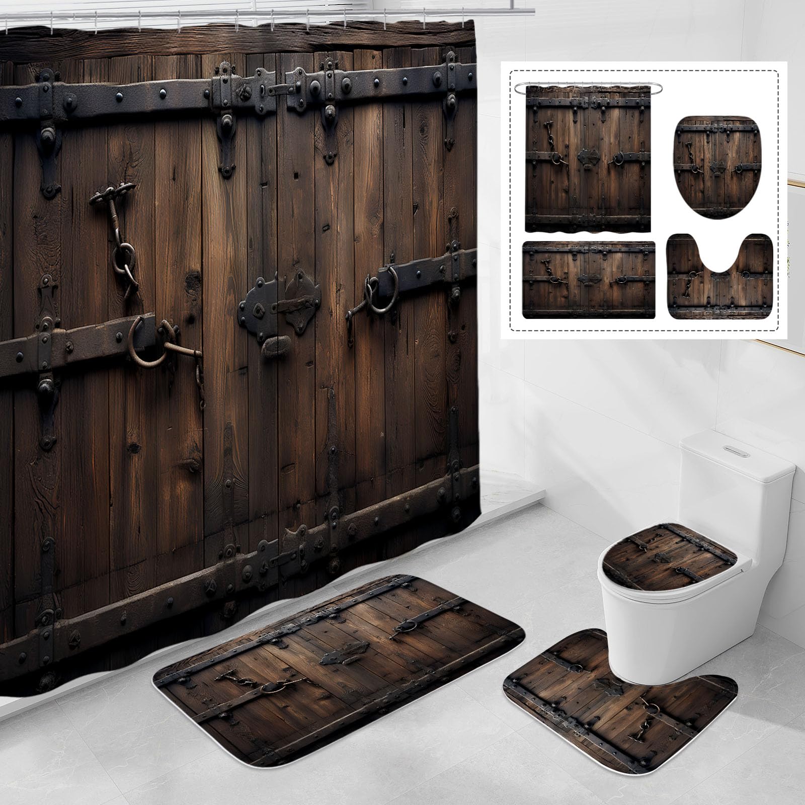 Litabel 4 Pcs Vintage Wooden Door Shower Curtain Set With Non-Slip Rugs, Toilet Lid Cover And Bath Mat, Farmhouse Bathroom Decor