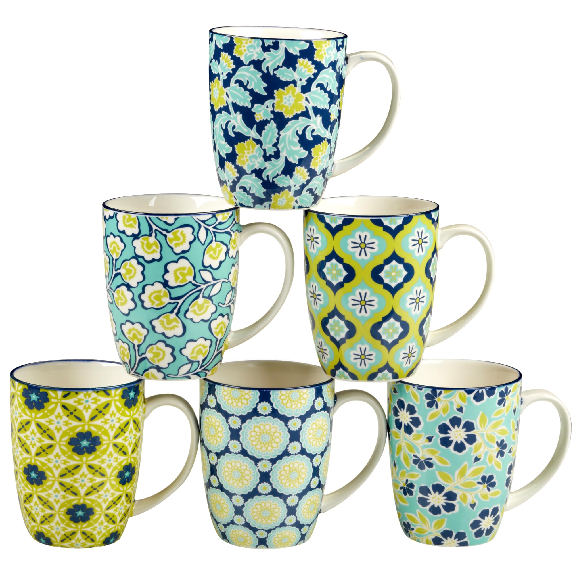 Tapestry 14 oz. Porcelain Mugs, Set of 6  AllPurpose Coffee & Tea Mugs in Vibrant Assorted Floral & Geometric Designs  Microw