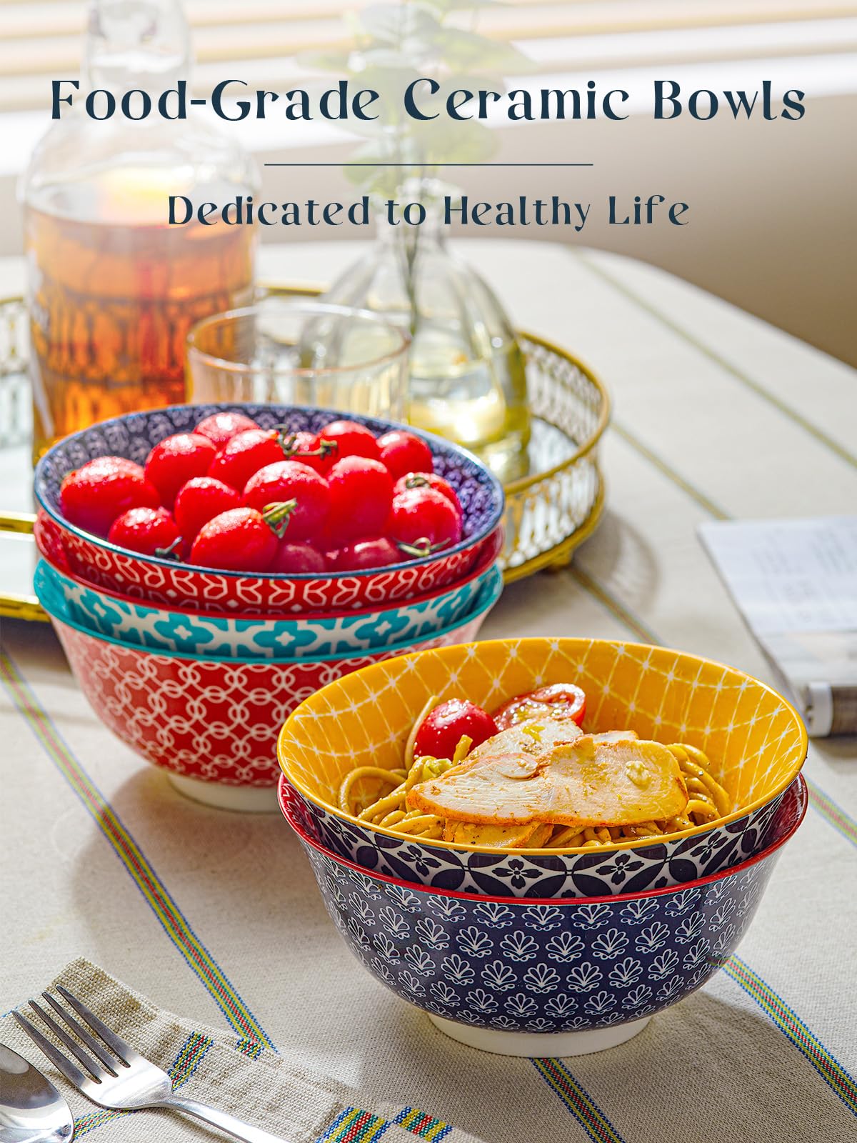 DOWAN 23 OZ Colorful Bowls Set of 6 - Ceramic Bowls for Soup  Cereal  Fruit - Vibrant Patterned Porcelain Bowls for Kitchen Decor & Housewarming Gift - Dishwasher & Microwave Safe
