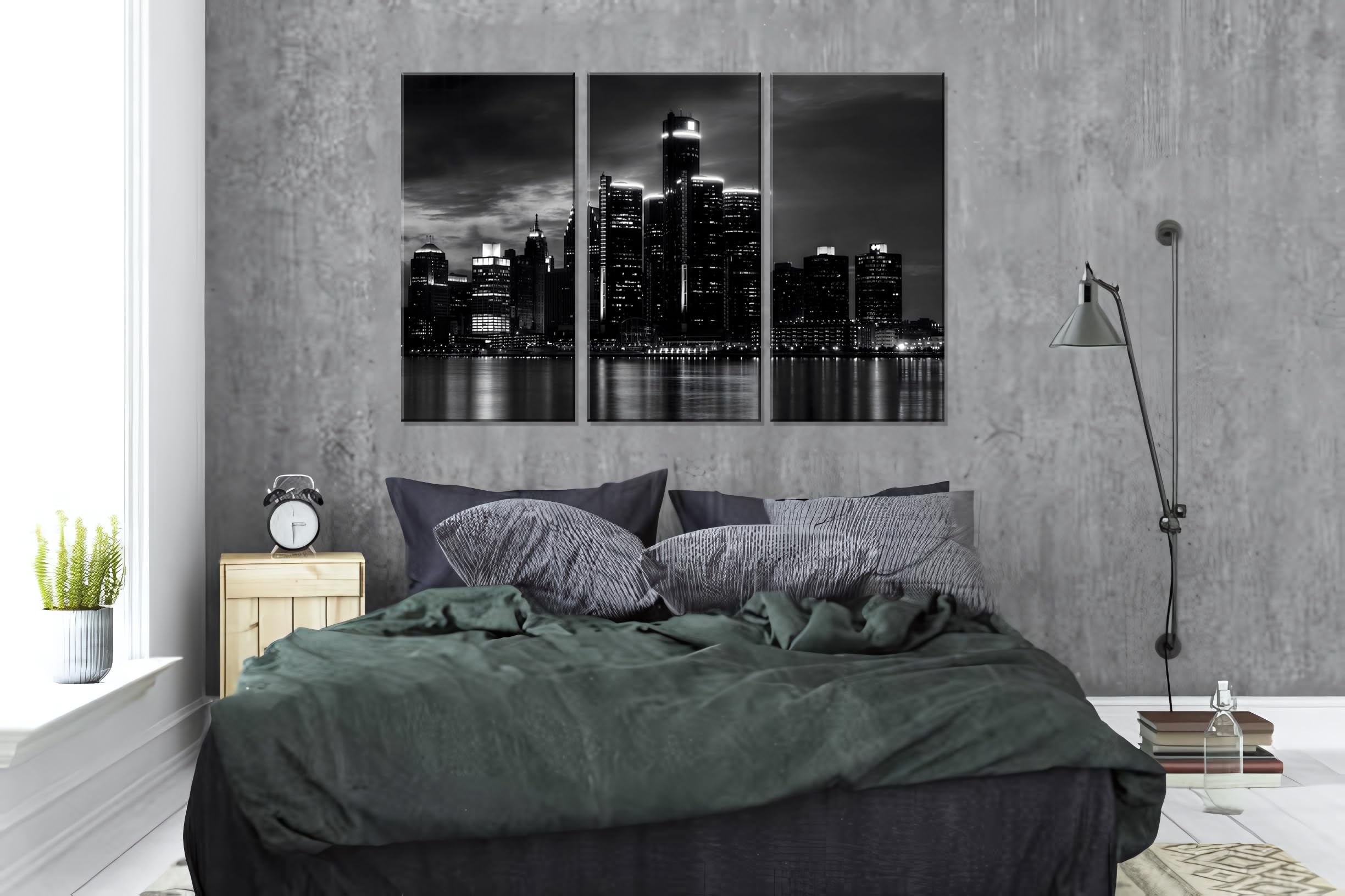 Nan Wind 3 Pcs Detroit Skyline Canvas Wall Art Cityscape Night Scene Black And White City Art Print On Canvas Modern Giclee Fram