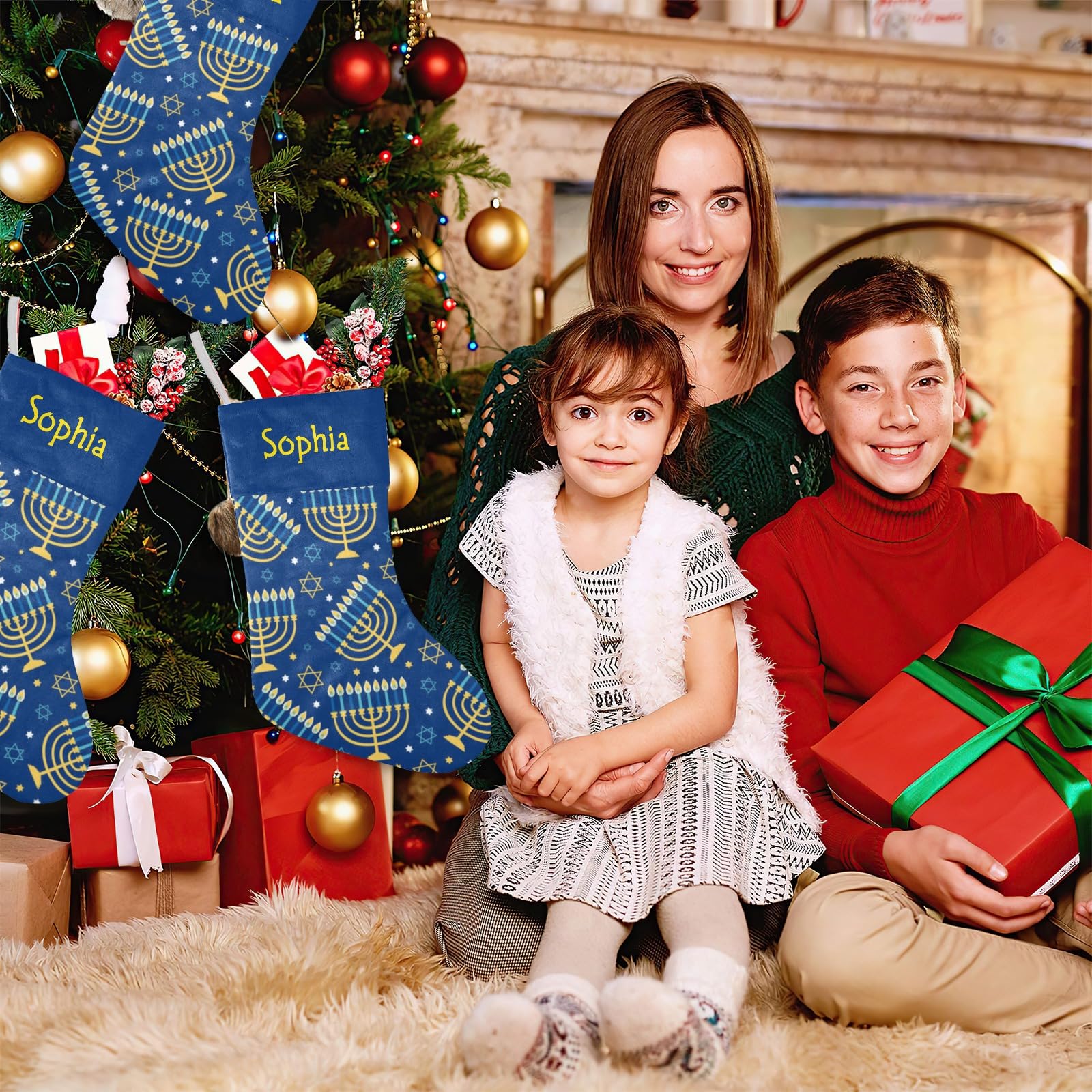 Custom Hanukkah Blue Happy Christmas Stocking Personalized with Name Xmas Family Holiday Birthday Gift Decor 17.52 x 7.87 Inch