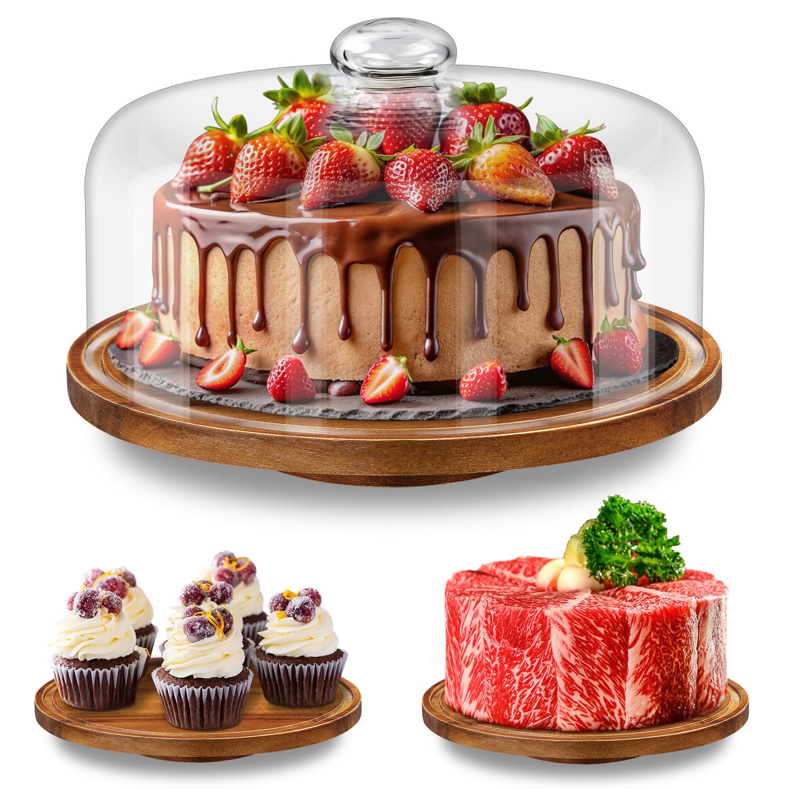 Yangbaga 11IN Wood Cake Stand with Dome Lid, Rotating Cake Stand with Glass Dome- Cake Plate with Cover for Baking Gifts/Birthda