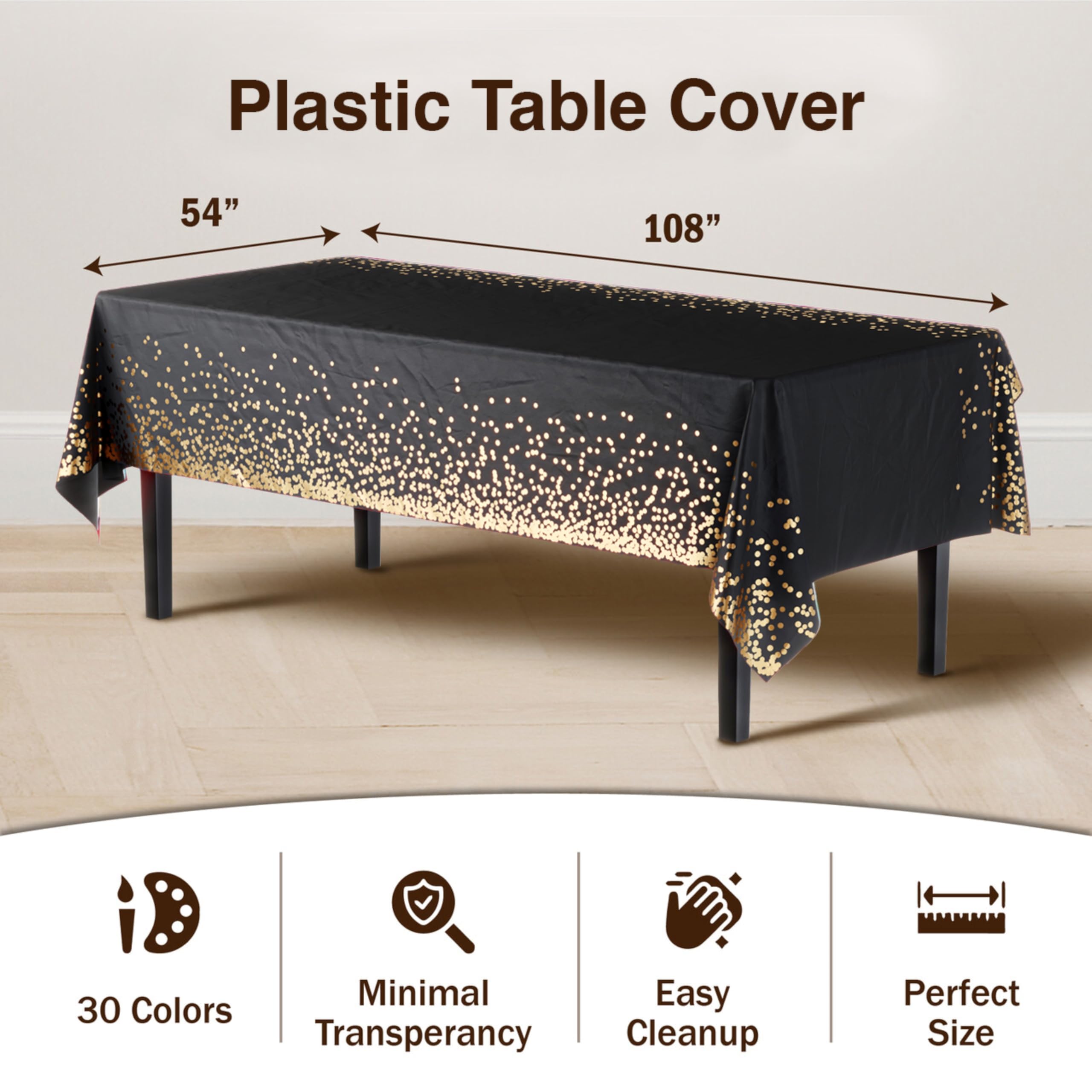 Exquisite White And Gold Tablecloth 12-Pack New Years Plastic Tablecloth Black And Gold Dot 54In. X 108In. Rectangle Table Cover