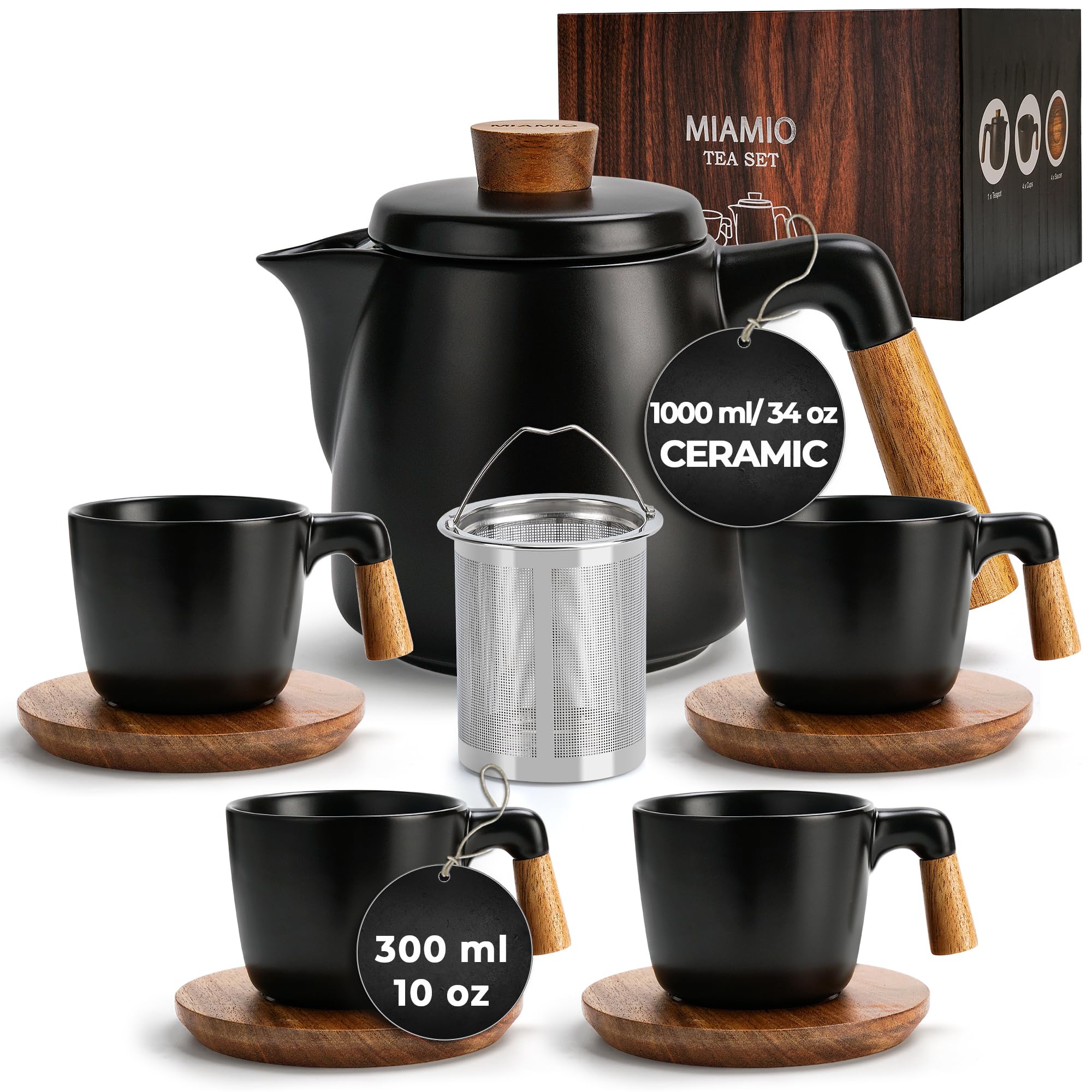 MIAMIO  34 Oz Ceramic Tea Pot Set with Infuser and Cups/Tea Strainer, 4 Ceramic Tea Mugs (10 Oz), Bamboo Saucers/Handle for Hom