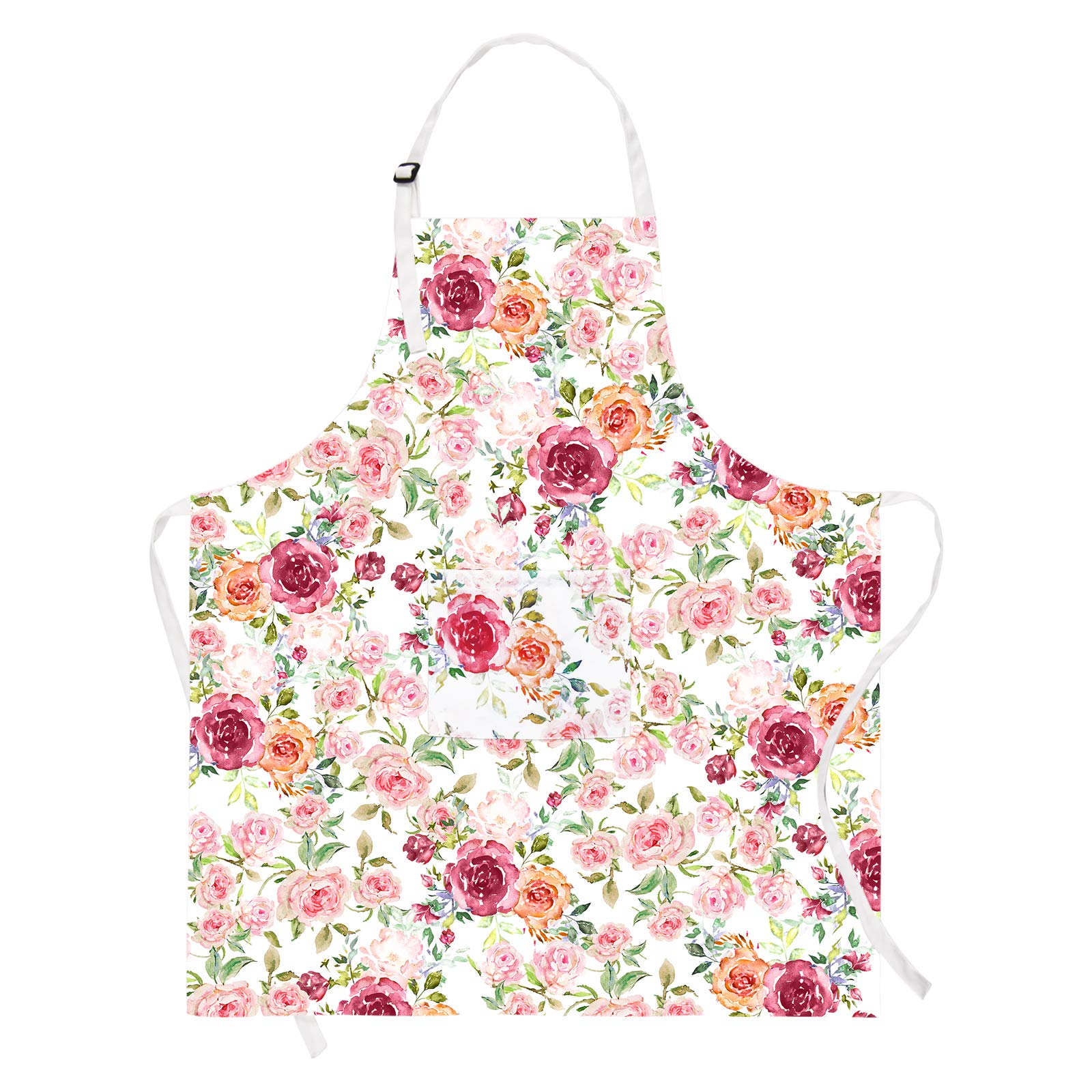 Claswcalor Pink Flowers Apron With Pockets, Floral Apron For Cooking, Watercolor Rose Kitchen Apron For Women, Adjustable Bib Ap