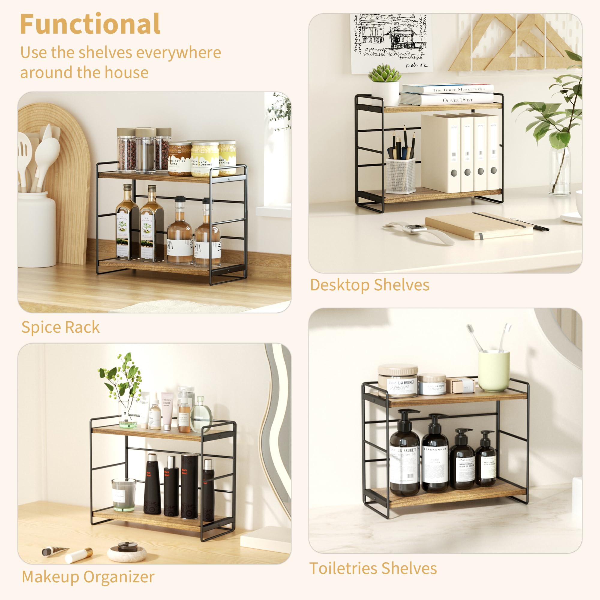 SRIWATANA Bathroom Countertop Organizer Set of 2, Kitchen Counter Shelf Spice Rack Sink Countertop Storage Desktop Large Wood Sh