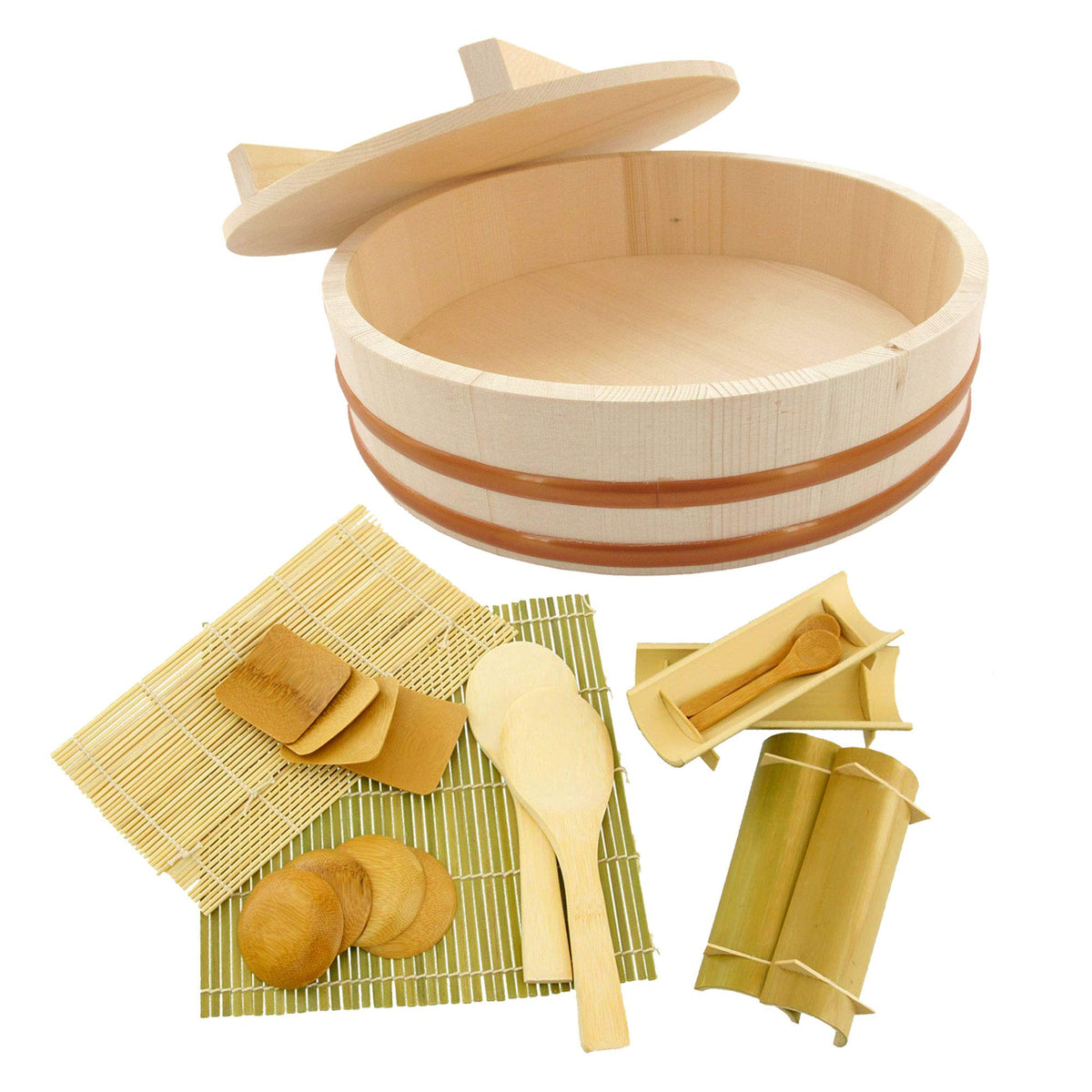 Bamboomn 13'' Hangiri Oke Sushi Rice Cooling Bowl/Tub With Lid, 19 Pieces Making Serving Accessory Kit - Large