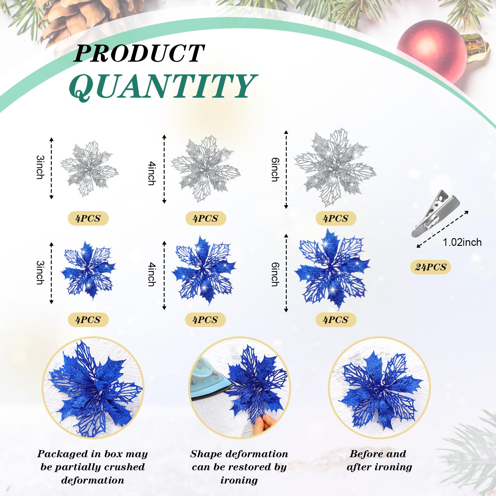 Boao 24 Pieces Blue and Silver Christmas Poinsettia Flowers Glitter with Clips Christmas Ornaments Decorations for Tree Artifici