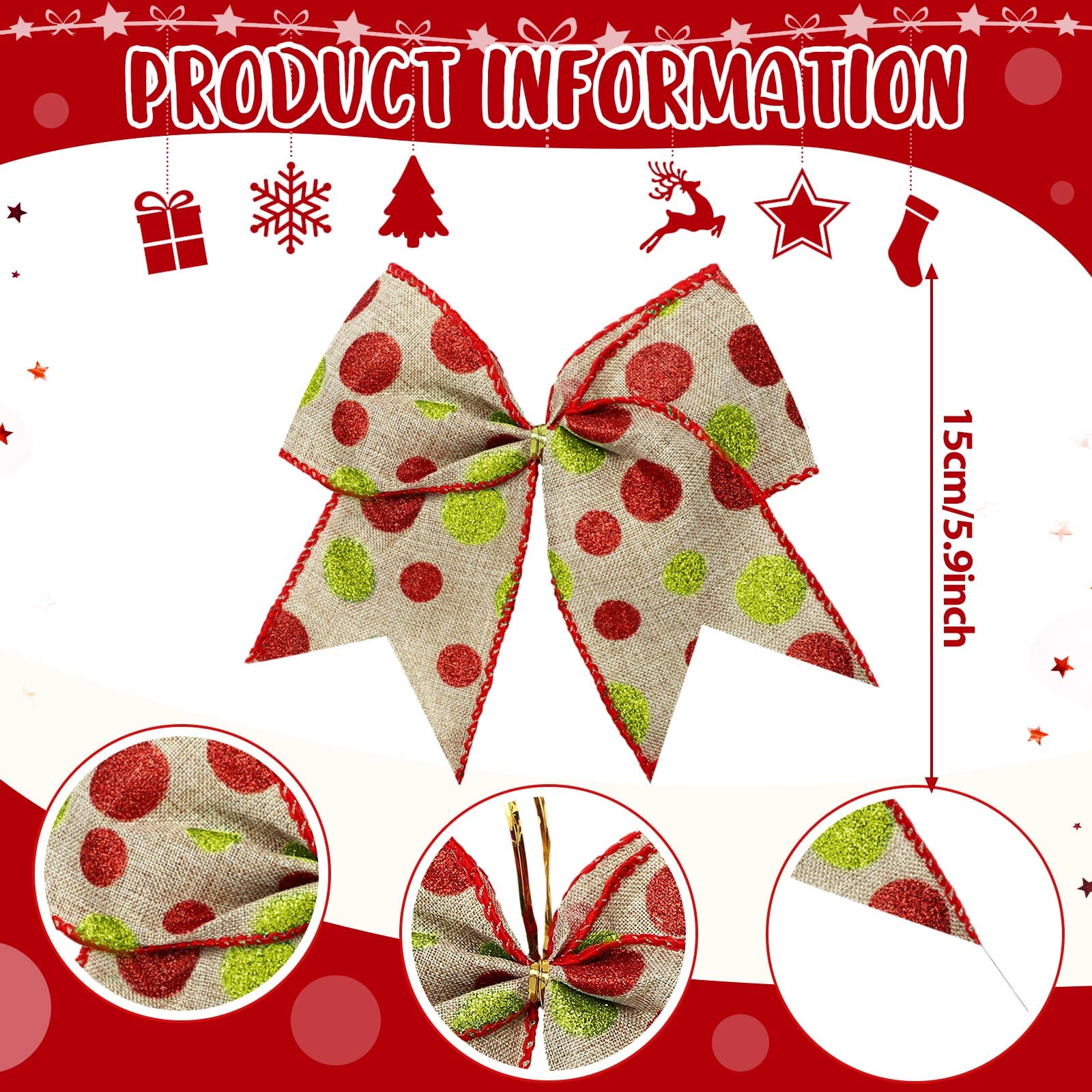 Jetec 12 Pcs Red Green Christmas Bows Decoration 6 Inch Large Christmas Wreaths Bows Xmas Tree Dot Ribbons Ornaments for Garland