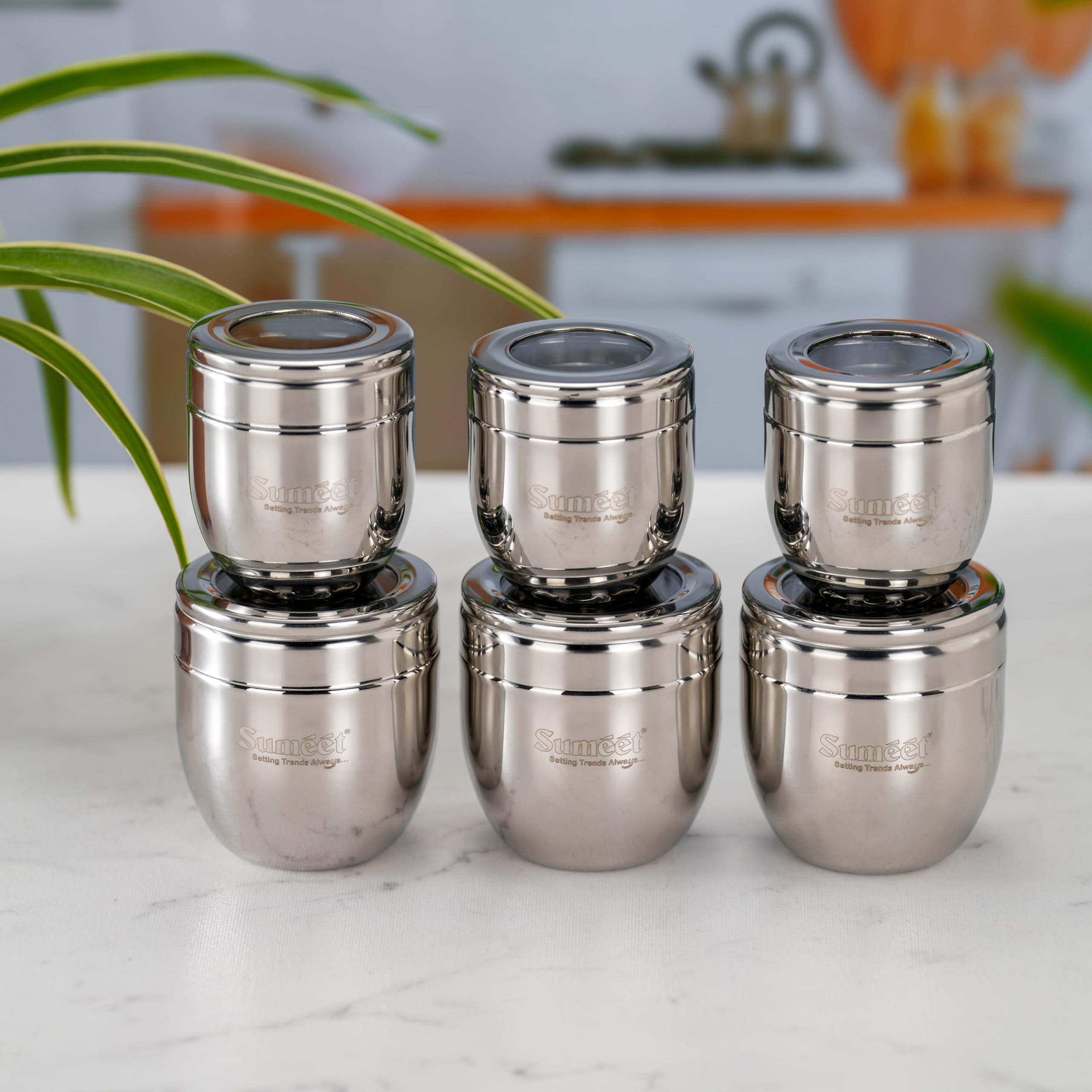 Sumeet Stainless Steel Conical Shape Canisters/Dabba/Storage Containers For Kitchen With See Through Lid, Set Of 6 Pcs, (150Ml6