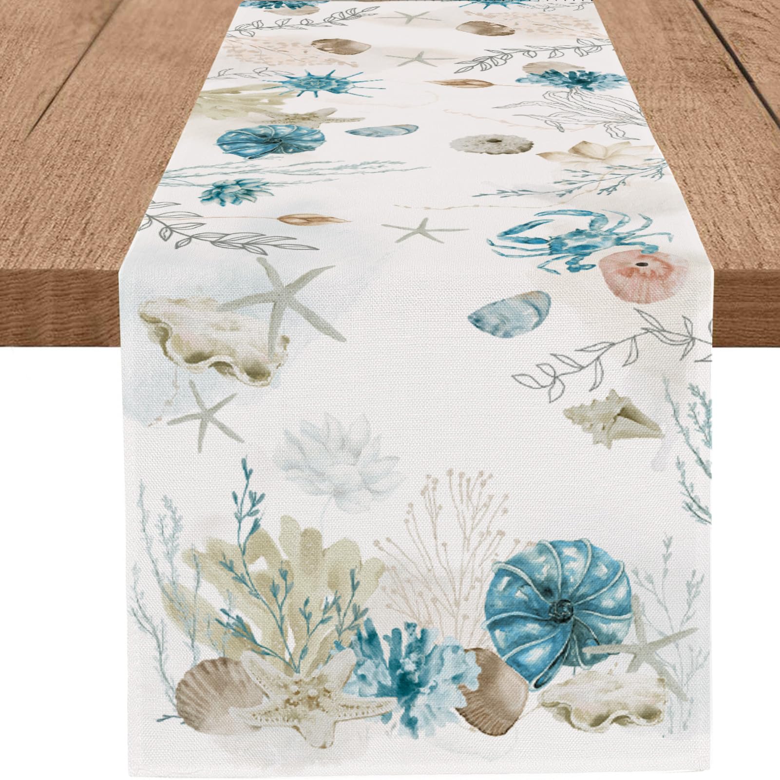 Procida Blue Beach Table Runner Tropical Ocean Coastal Table Runners Seashell Burlap Seasonal Nautical Kitchen Dining Coffee Tab