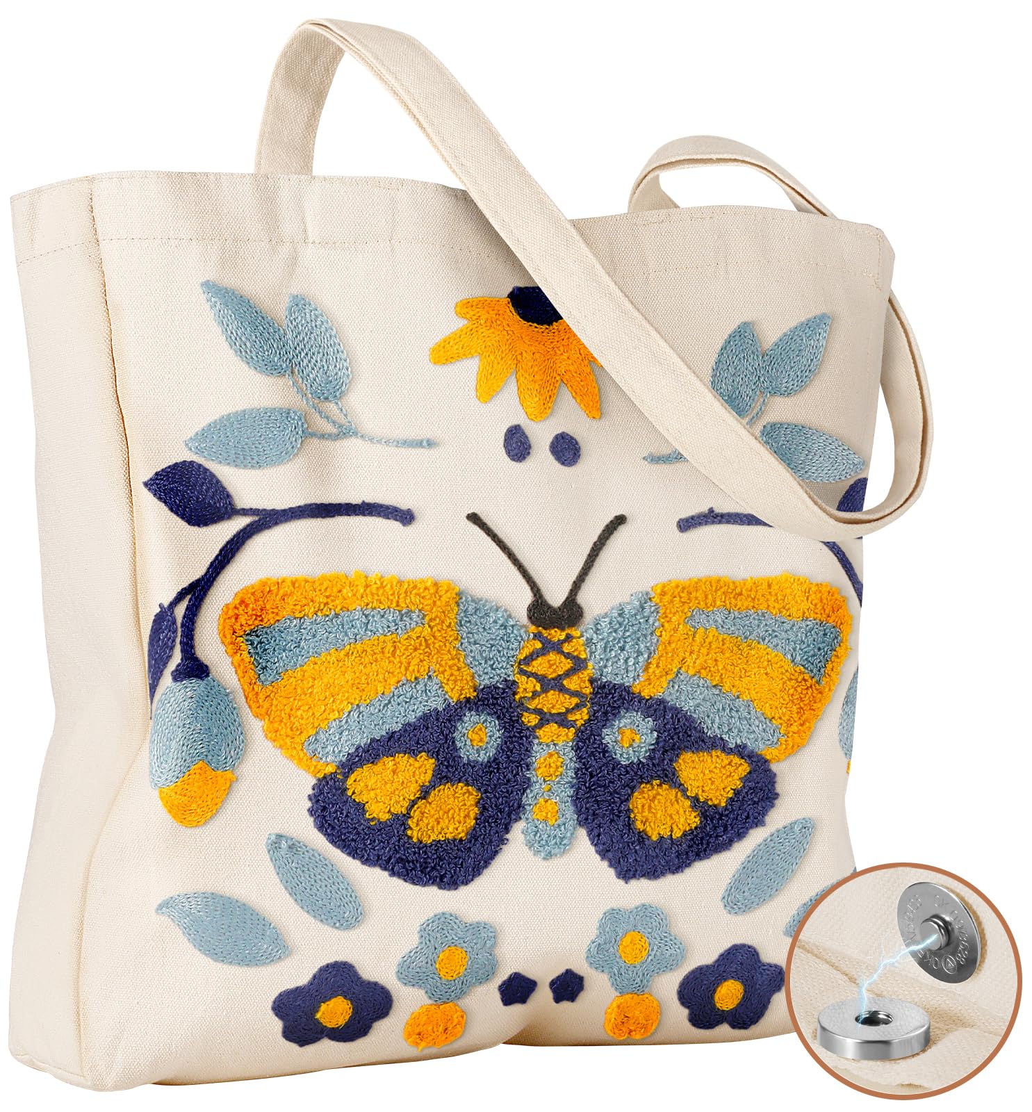 Miss Adola Aesthetic Embroidery Tote Bag for Women - Reusable Canvas Cloth Shoulder Bag with Cute 3d Butterfly Embroidered Desig