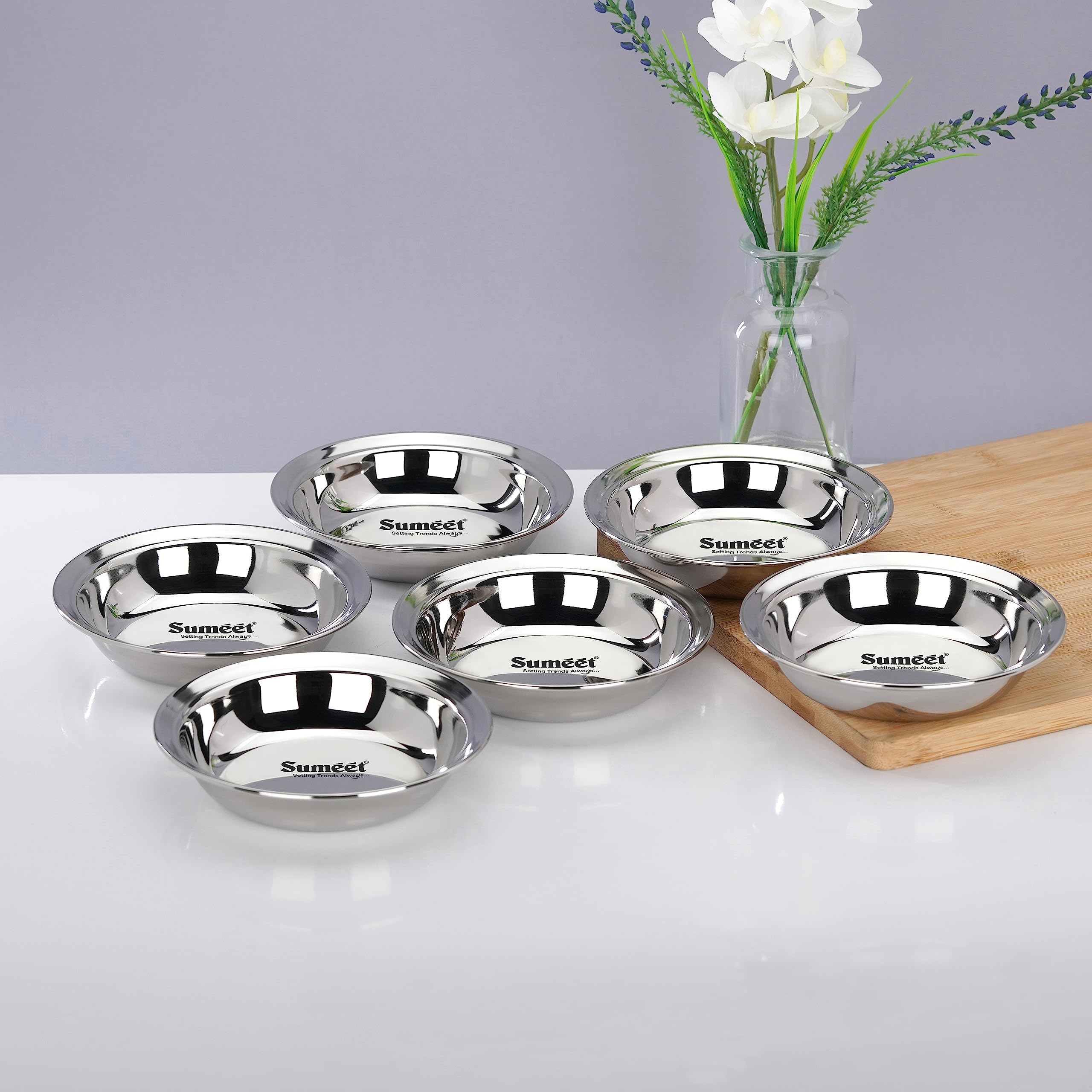 Sumeet Stainless Steel Heavy Gauge Multi Utility Serving Plates with Mirror Finish 16.5cm Dia  Set of 6pc, Silver