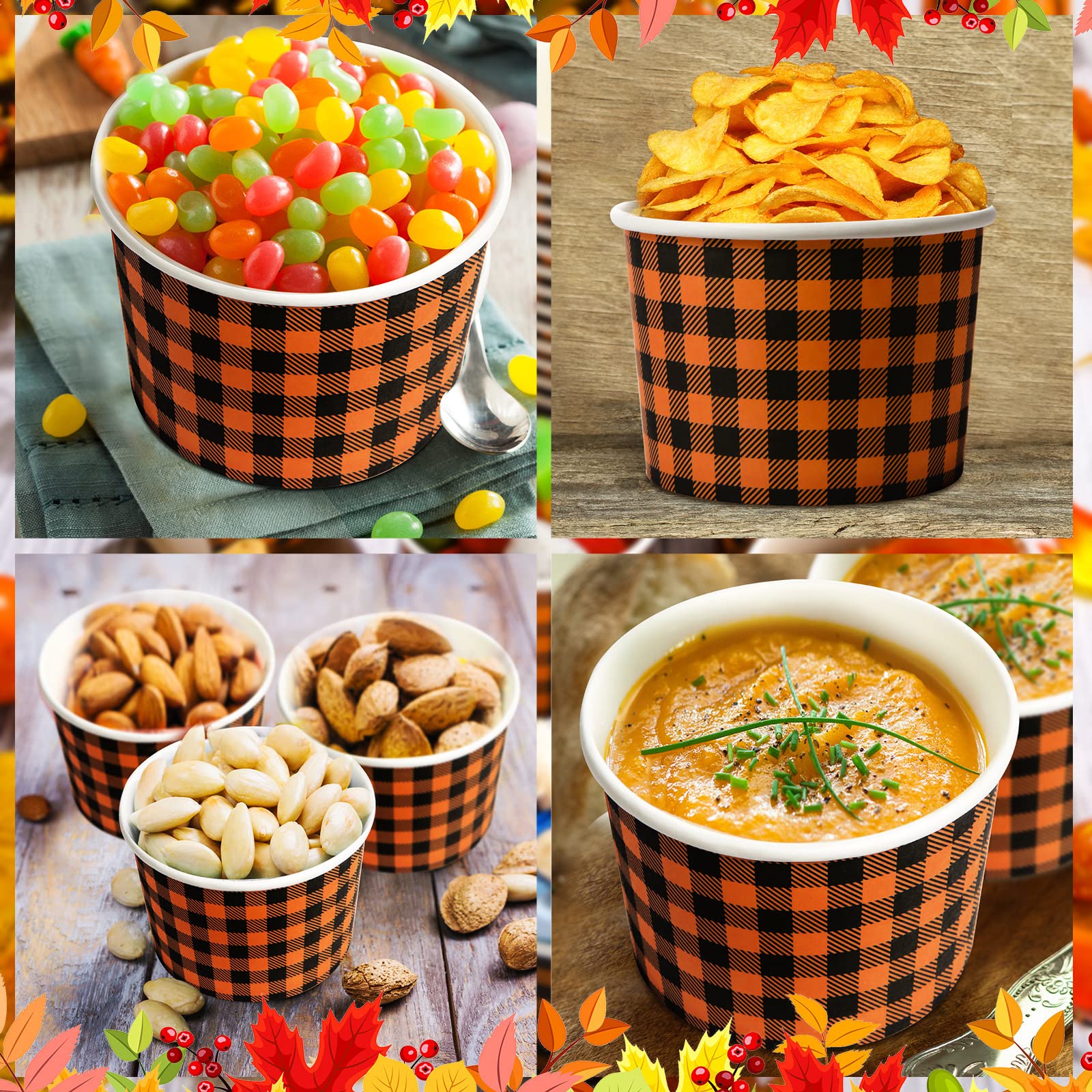 Potchen 50 Pack 9 oz Fall Soup Bowls Disposable Paper Cups Fall Themed Disposable Dessert Bowls Gingham Paper Snack Cups for Hot