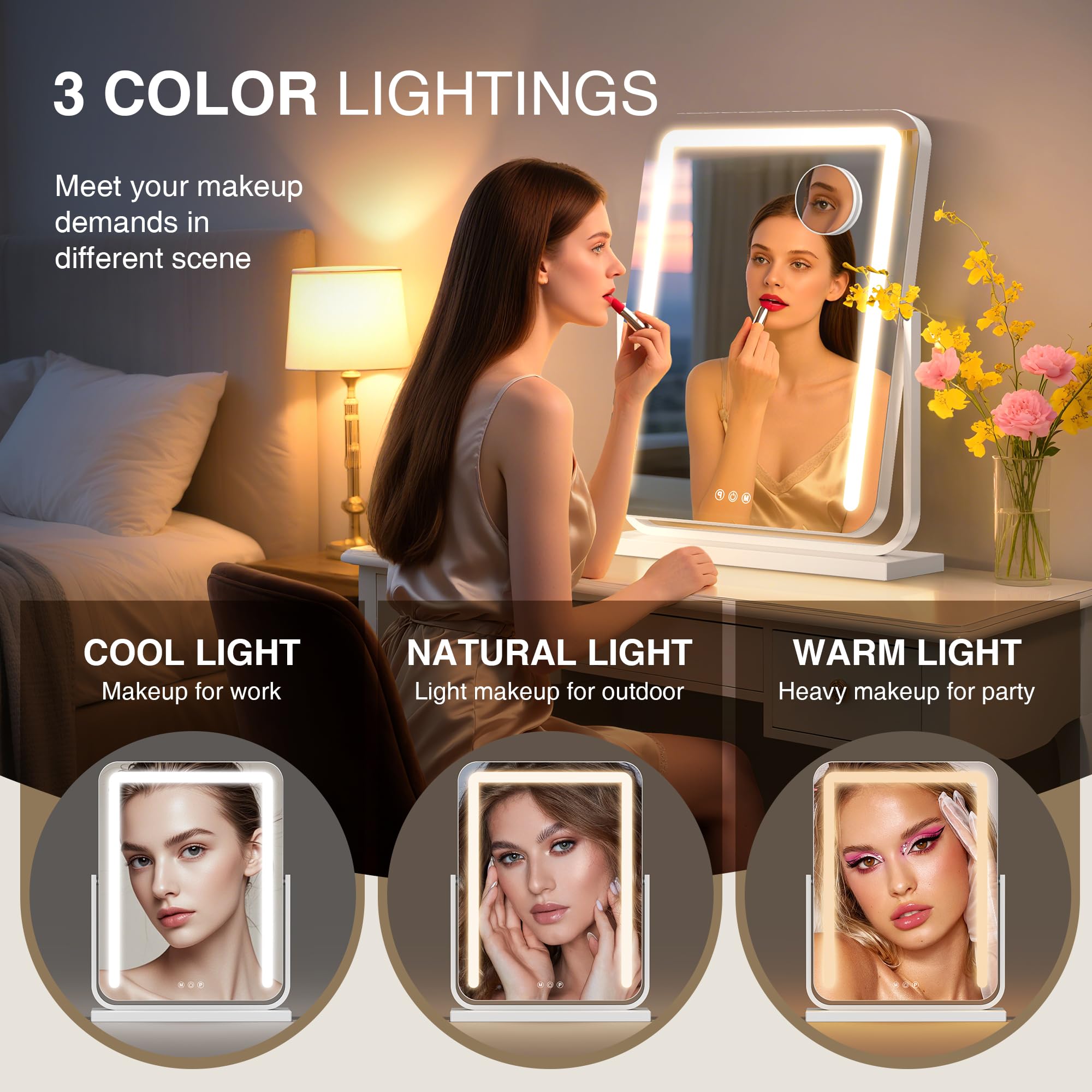 Lighted Makeup Mirror With Lights,Dimmable Touch Control Vanity Mirror For Desk/Bedroom,10X Magnifier & 360 Rotation,3 Color Mod