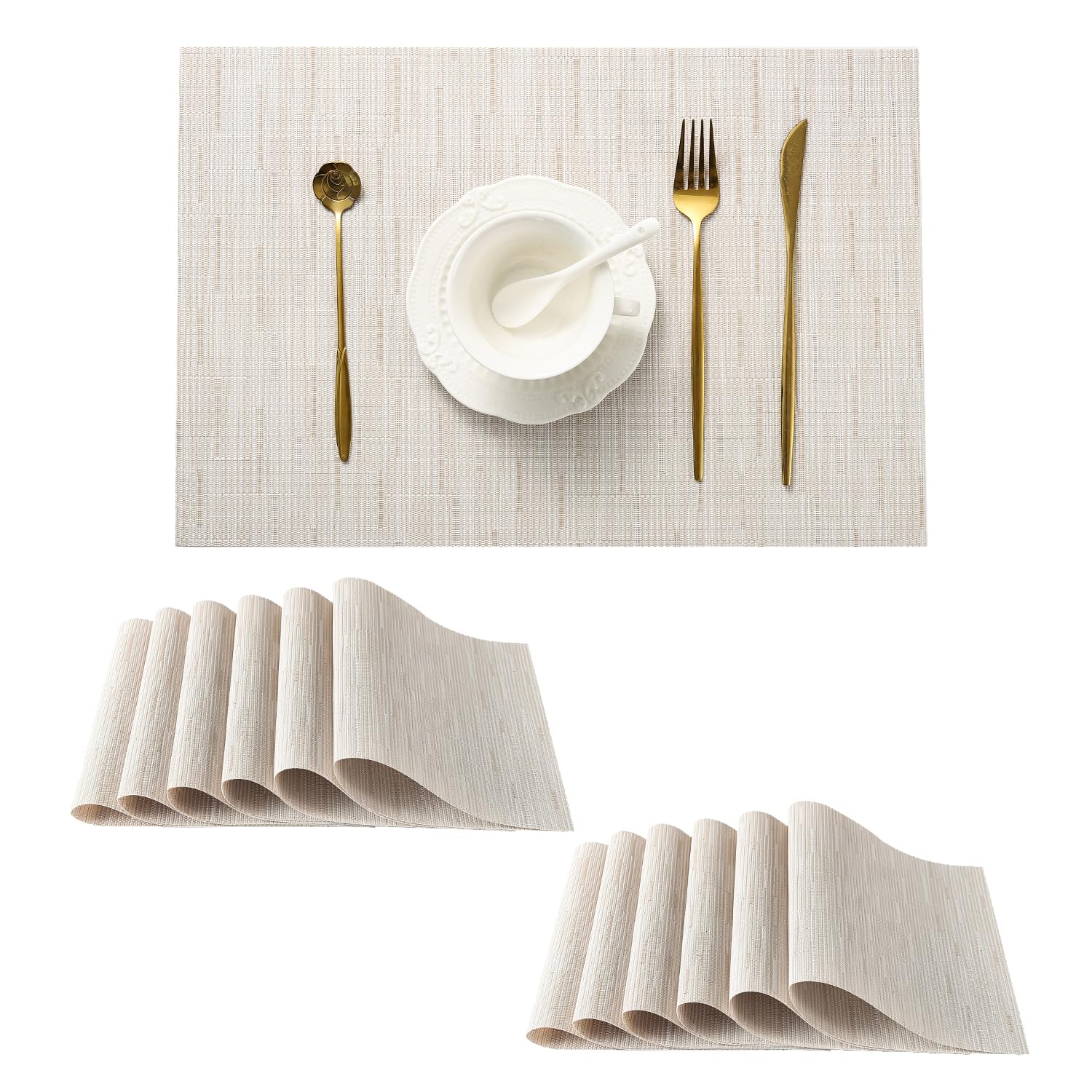 Leetaltree Pale Beige Placemats Set Of 12 - Heat Resistant Non-Slip Place Mats For Dining Table, Washable Durable Pvc Vinyl Wove