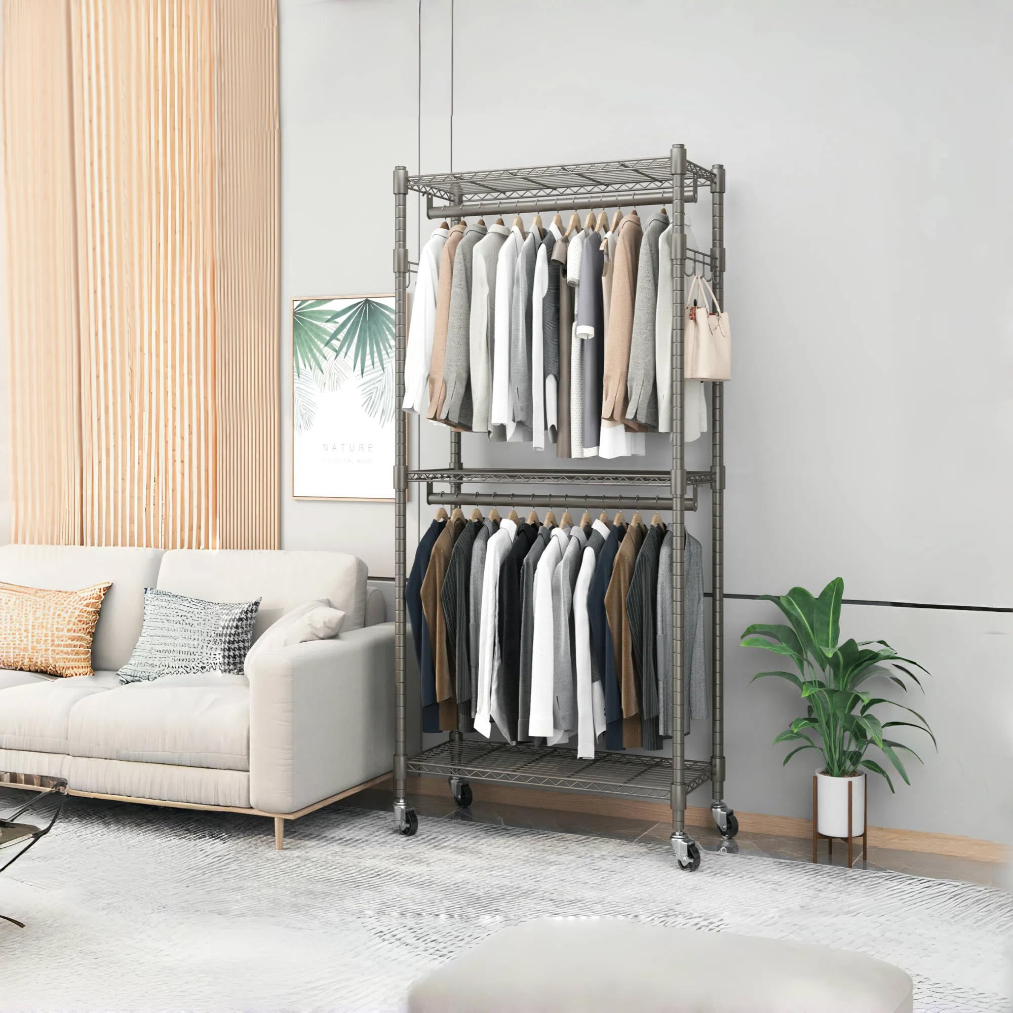 Bathwa Clothes Rack Rolling Narrow 2 Tier Garment Rack For Hanging Clothes, Space Saving Portable Clothing Rack With Wheels And