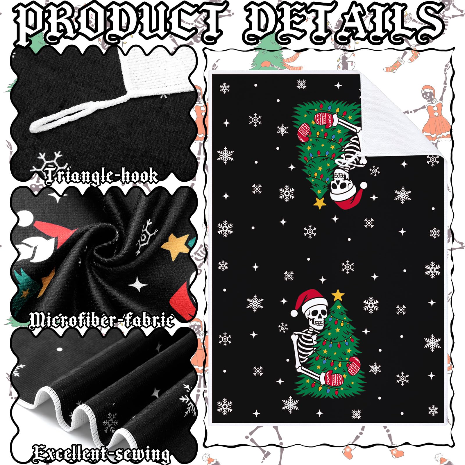 Bencailor 6 Pcs Christmas Skull Kitchen Towels Gothic Spooky Christmas Dish Hand Towels Funny Skeleton Xmas Tree Tea Washcloth f