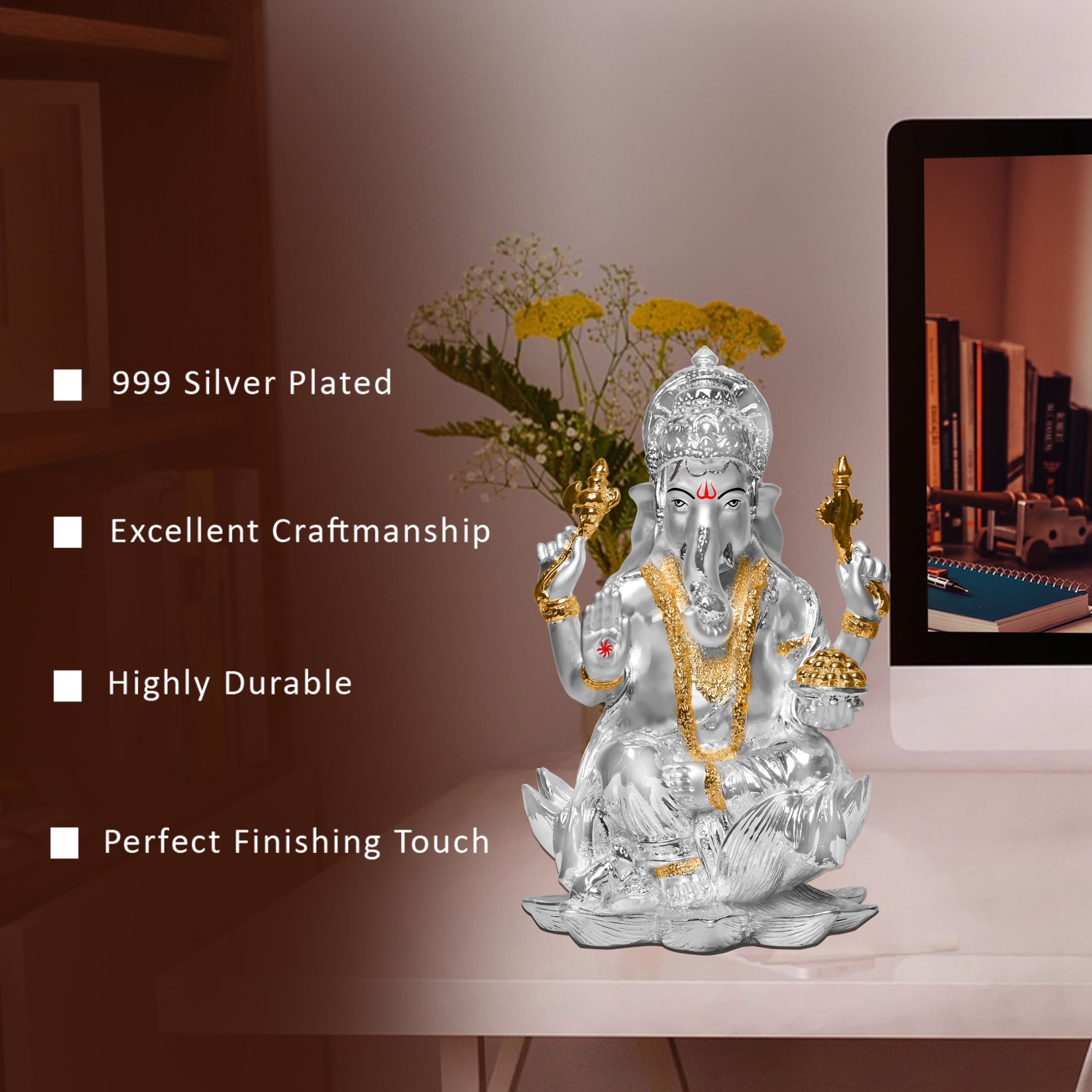Diviniti Ganesha Idol For Home Decor Showpiece|999 Silver Plated Statue Of Lord Ganesha On Lotus|Ganesh Ji Murti For Puja Room,
