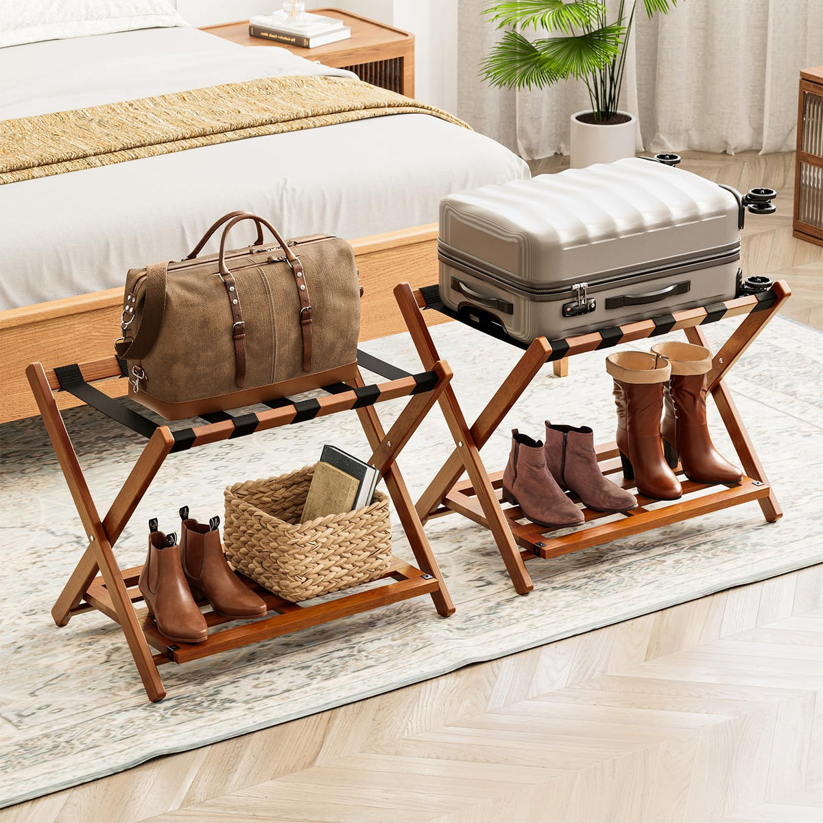 Spaceaid Fully Assembled Luggage Rack 2 Pack, Bamboo Foldable Suitcase Stand For Guest Room, Heavy Duty Folding Luggage Holder W