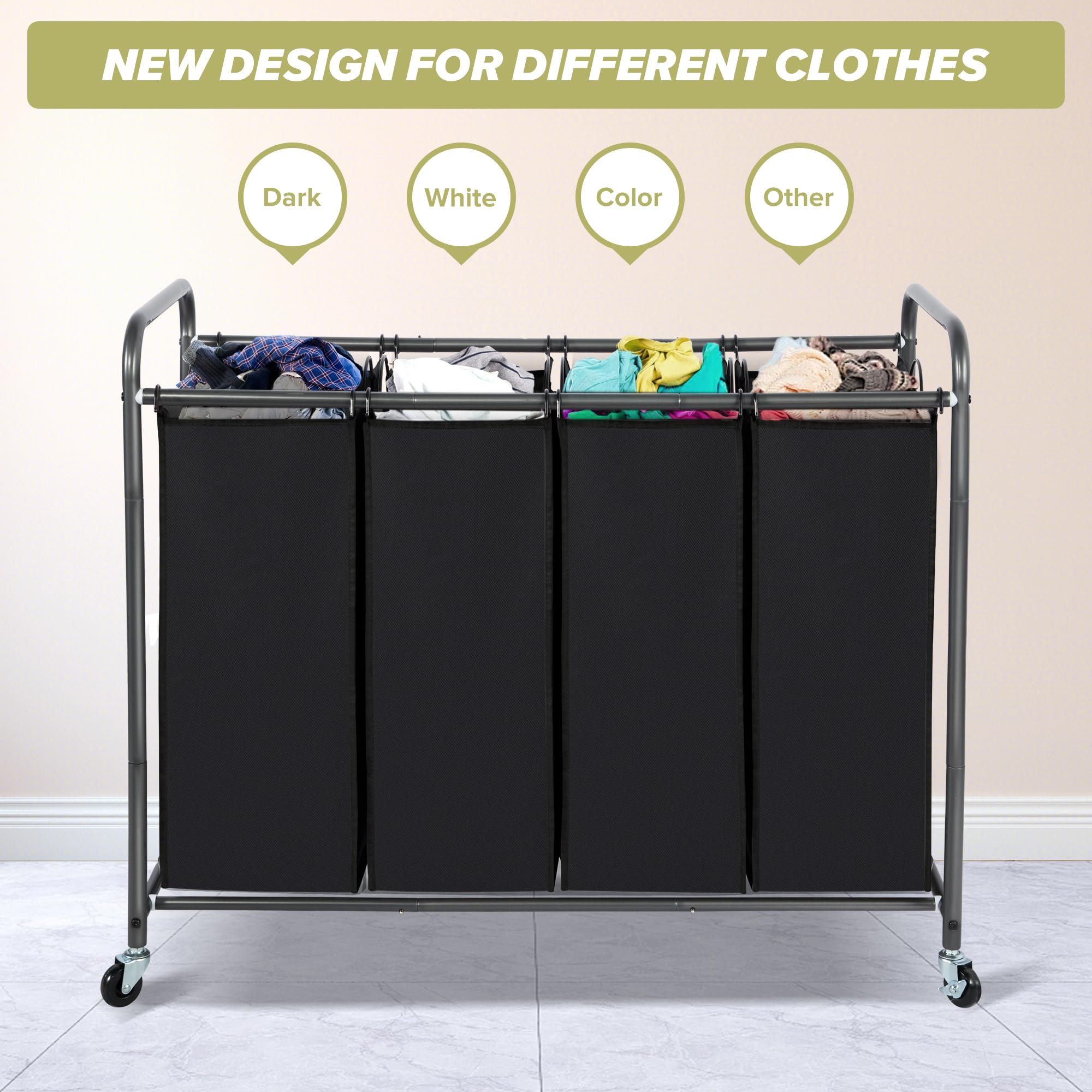 Storageideas Laundry Sorter Hamper With Wheels, Heavy-Duty Laundry Sorter Rolling Cart, Lockable Wheels And Removable Bags, 4 Se