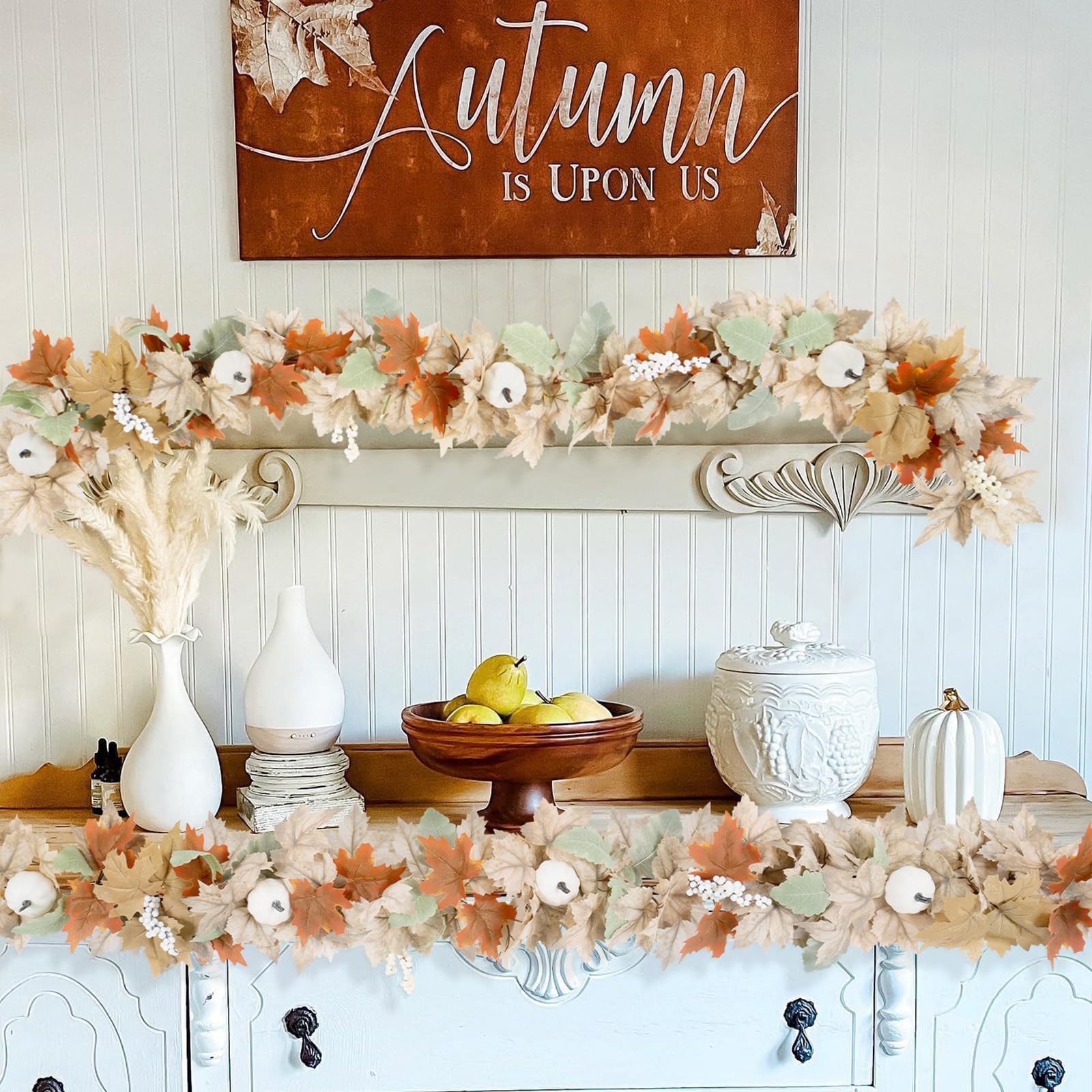 Neutral Fall Garland for Mantle Fireplace - 4 Pack Total 48Ft Outdoor Autumn Leaves Decor for Home Front Door with Pumpkins Indo
