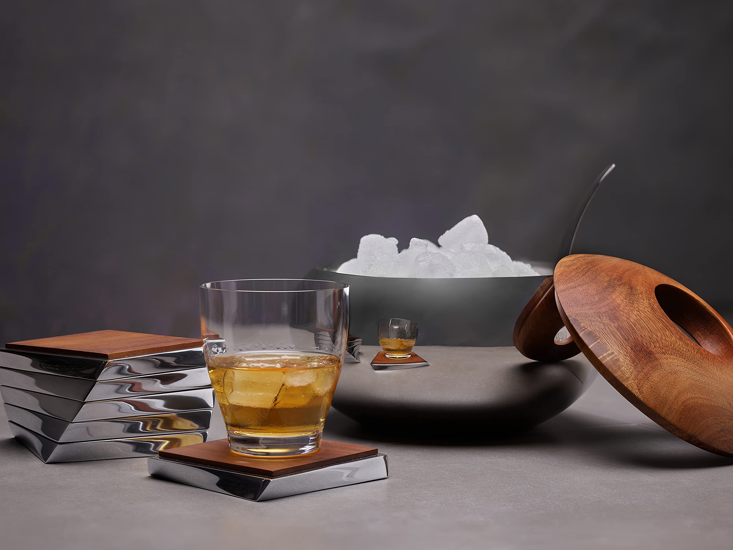 Nambe Twist Coaster 6-Piece Set | Wooden Drinks Coasters For Tabletop Protection | Made Of Acacia Wood And Metal Alloy | Unique